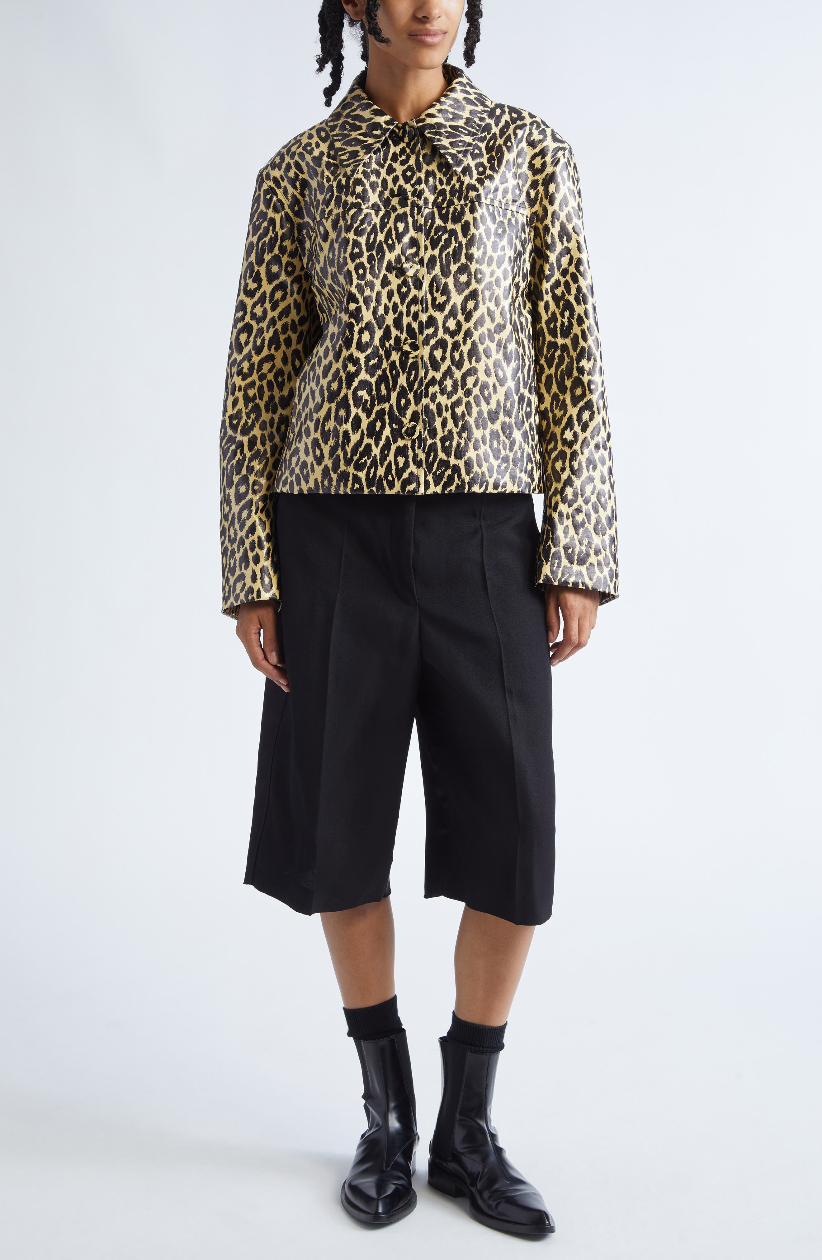 Jil Sander Leopard Print Coated Linen Crop Jacket in Canvas Beige at Nordstrom - 2