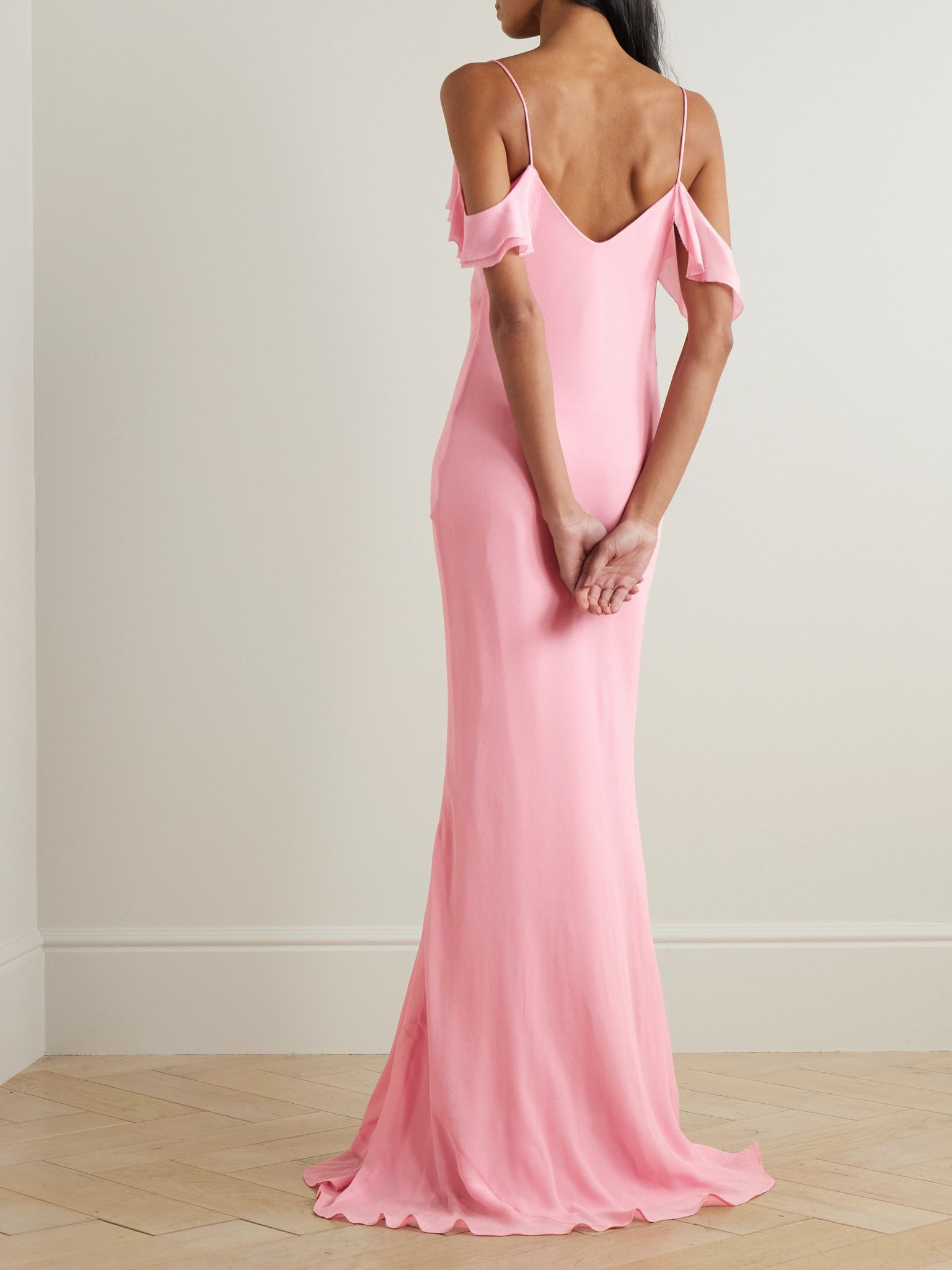 Appliquéd ruffled cold-shoulder georgette maxi dress Pink - 3