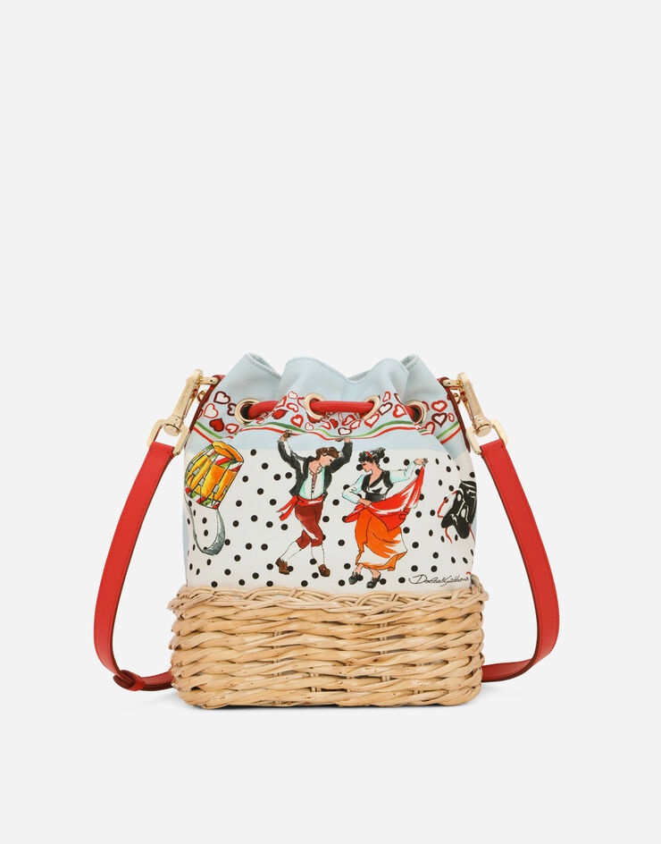 Printed canvas and wicker bucket bag - 4