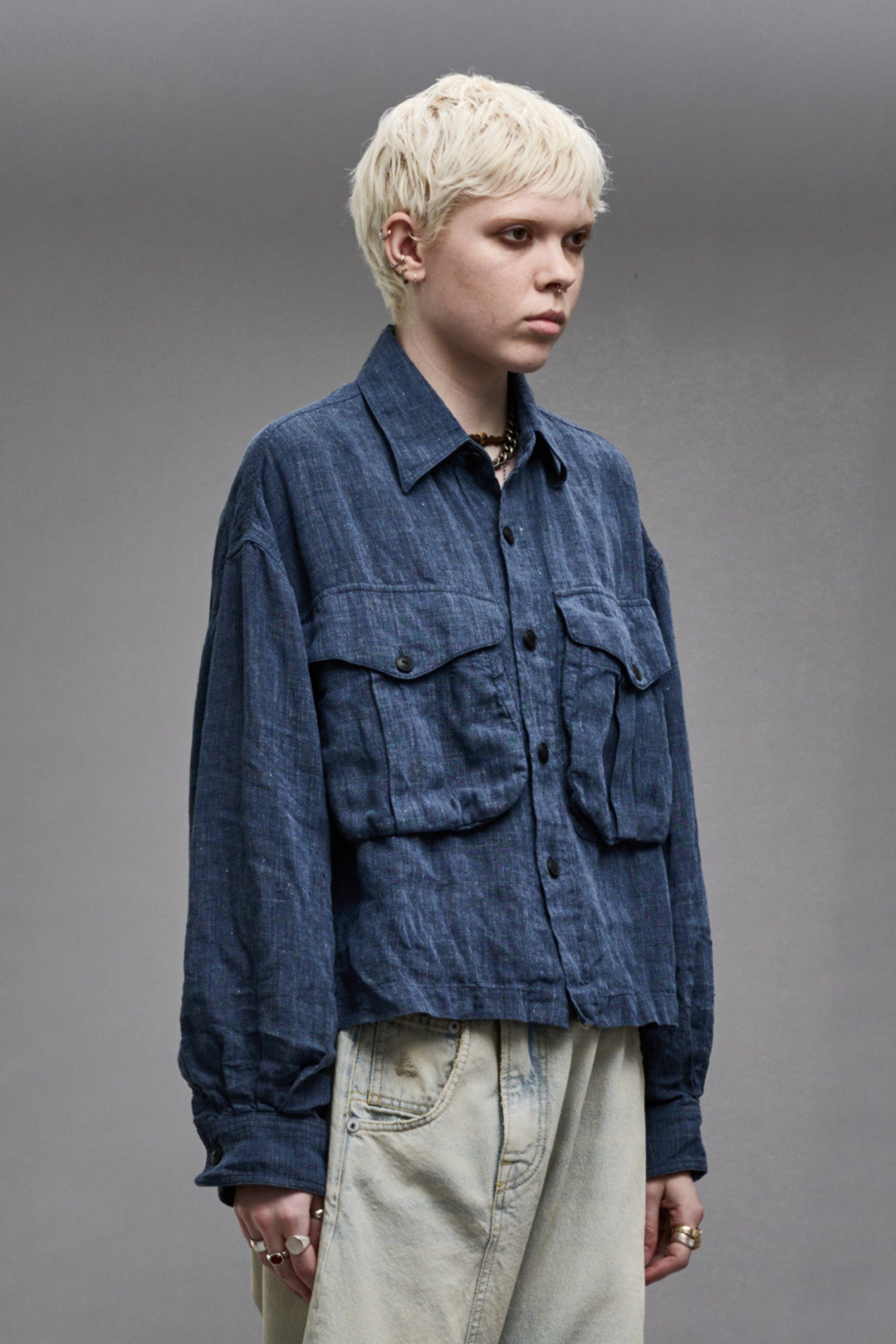 CROPPED BELLOW POCKET SHIRT - INDIGO BLUE - 4