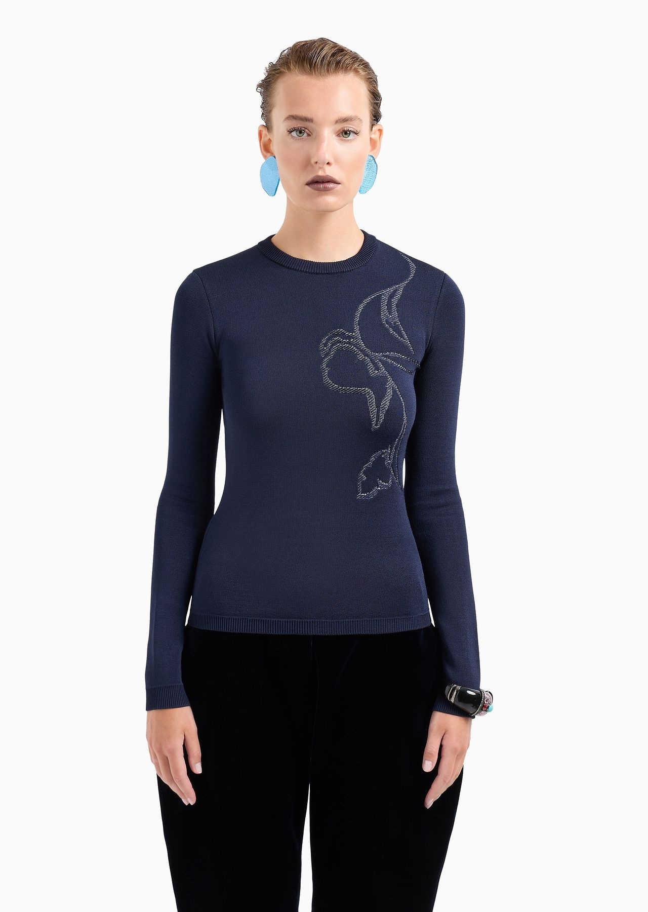 Stretch viscose-blend crew-neck jumper with embroidery - 2