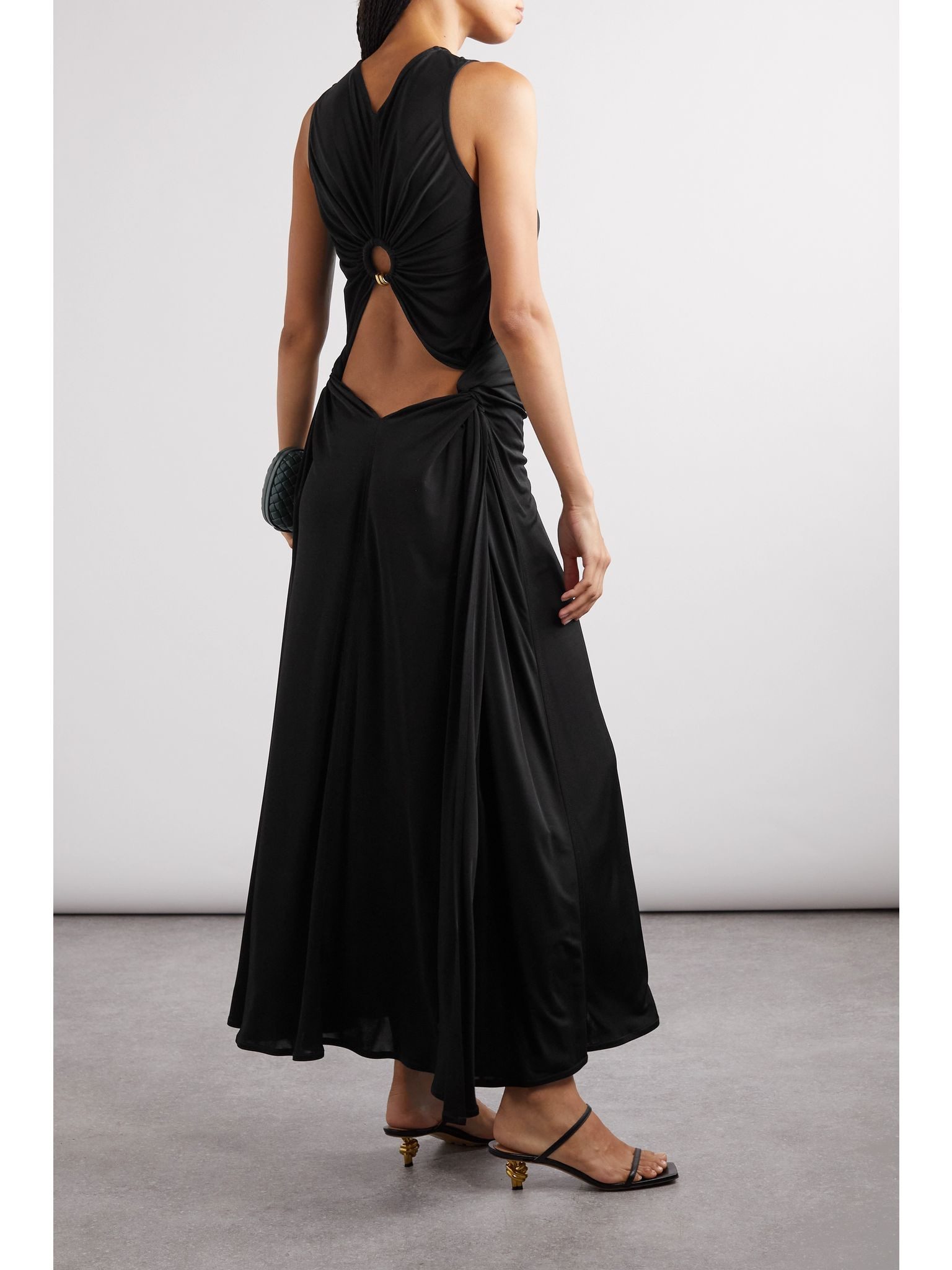 Cutout embellished gathered satin-jersey maxi dress Black - 3