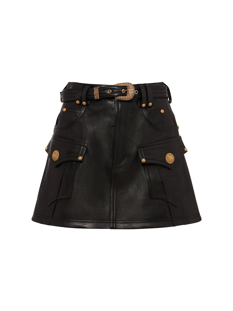 Balmain Trapeze belted leather mini skirt | luisaviaroma