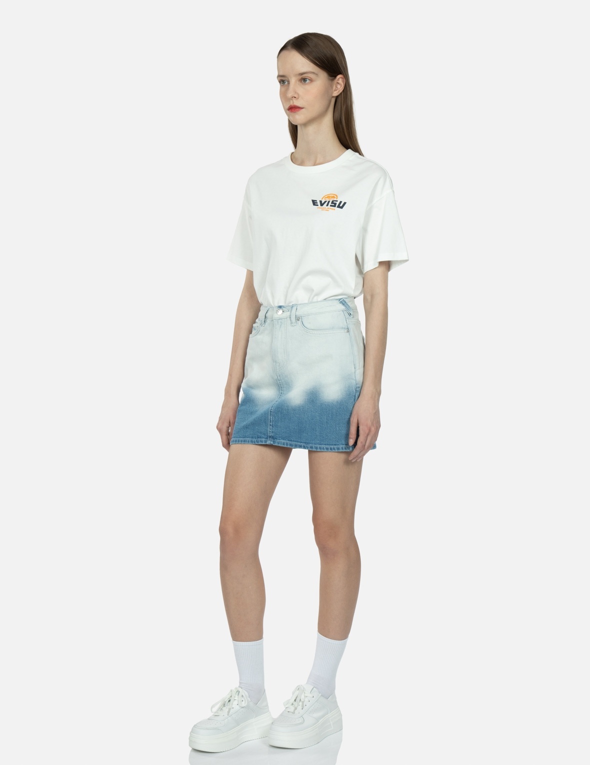 GRAFFITI LOGO AND SEAGULL PRINT BLEACHED DENIM SKIRT - 4