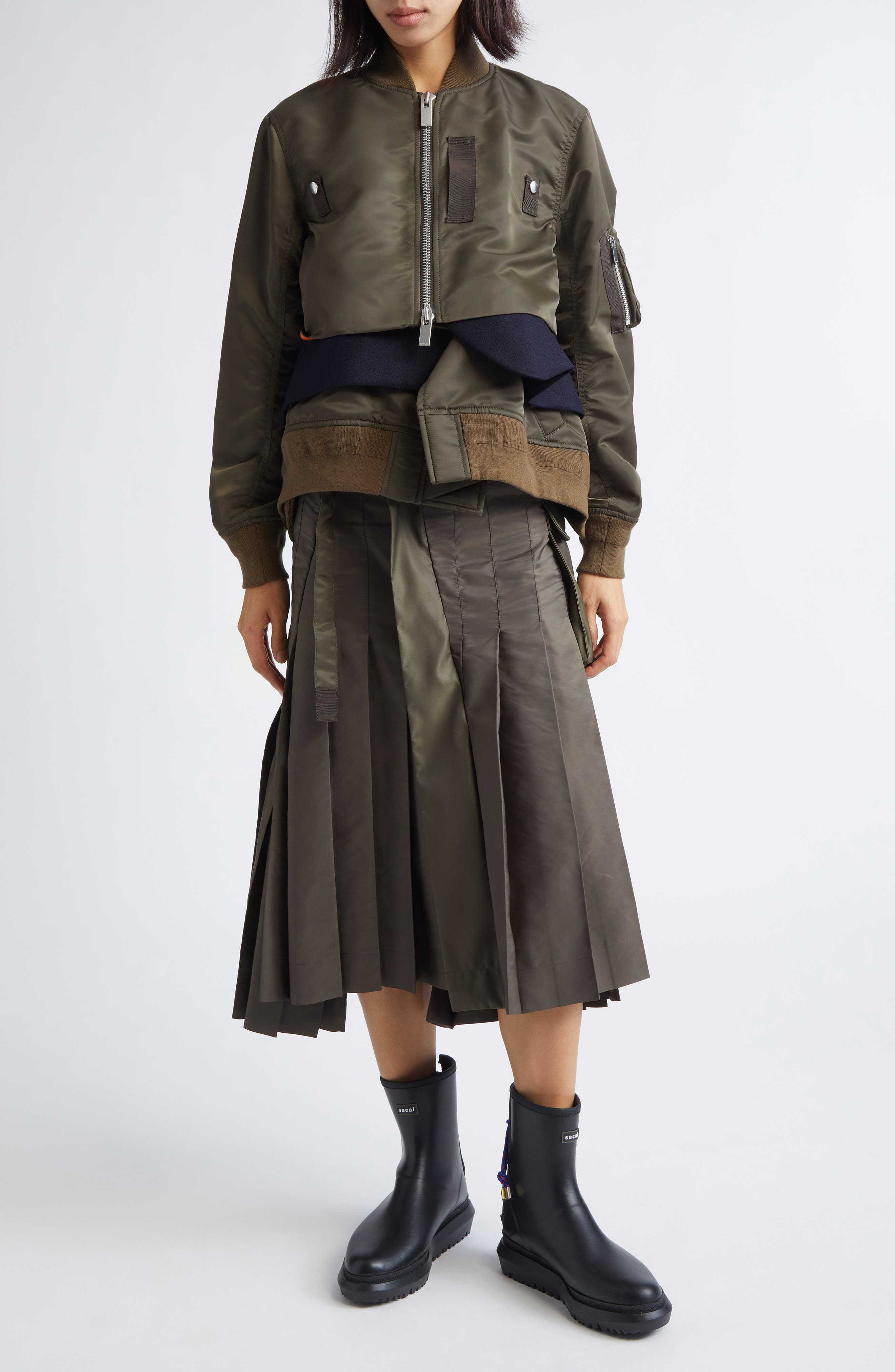 Sacai Nylon Twill & Wool Melton Blouson Jacket in Dark Khaki at Nordstrom - 2