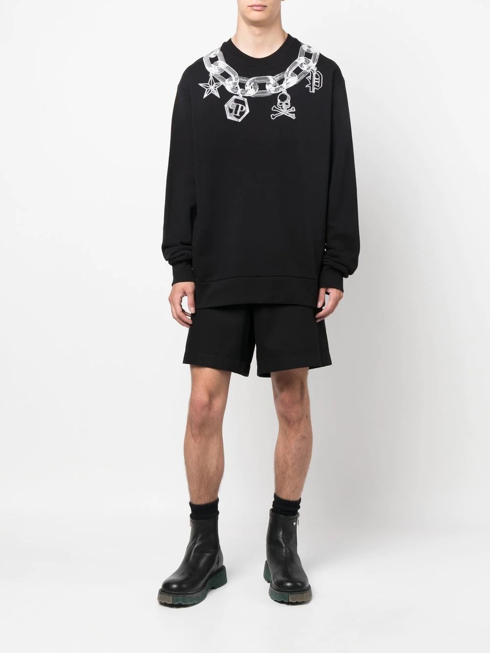 chain link-print crew neck sweater - 2