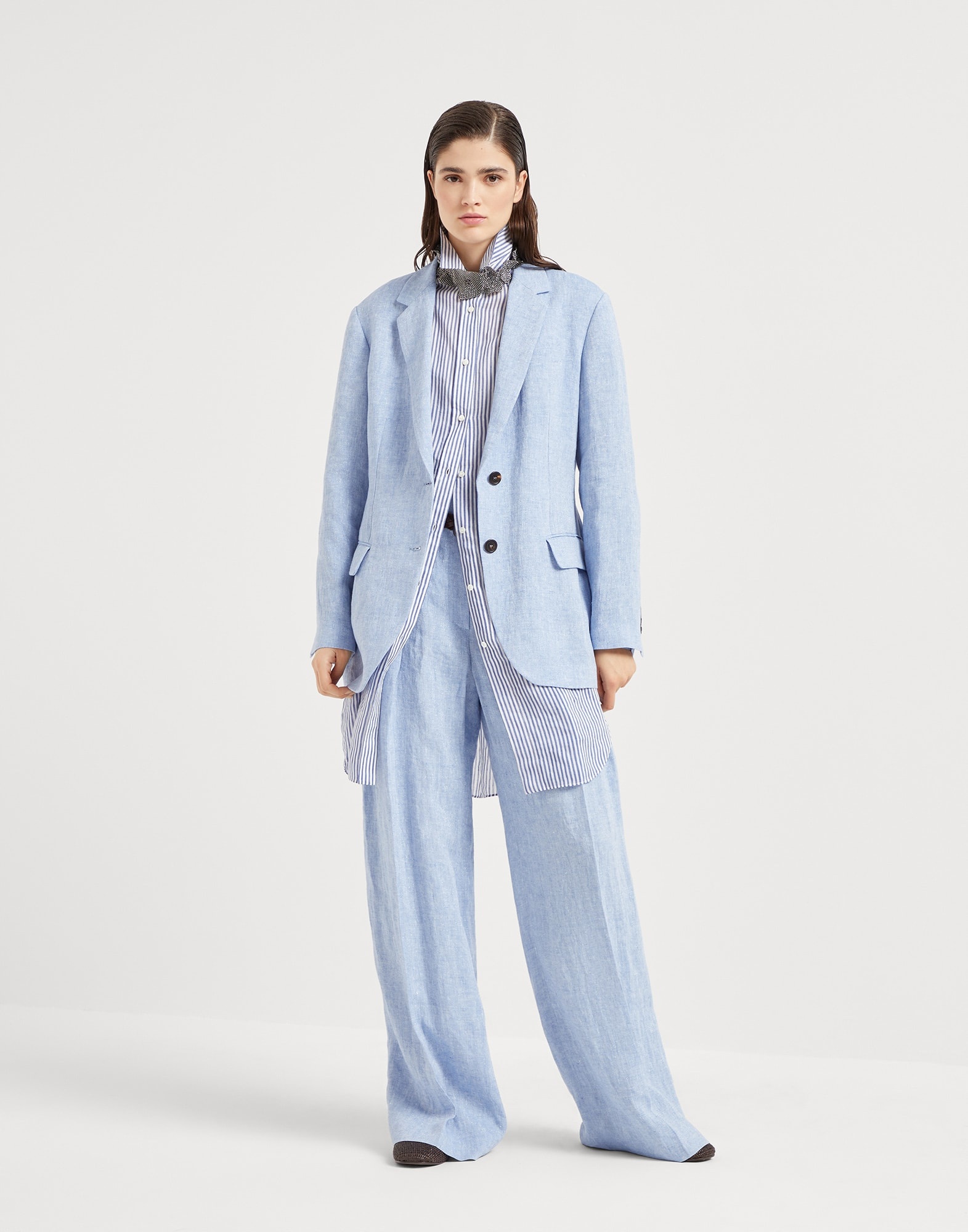 Linen sparkling canvas blazer with monili - 5