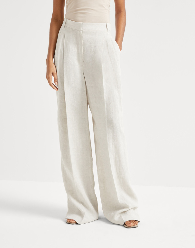 Linen sparkling canvas wide trousers with monili - 1