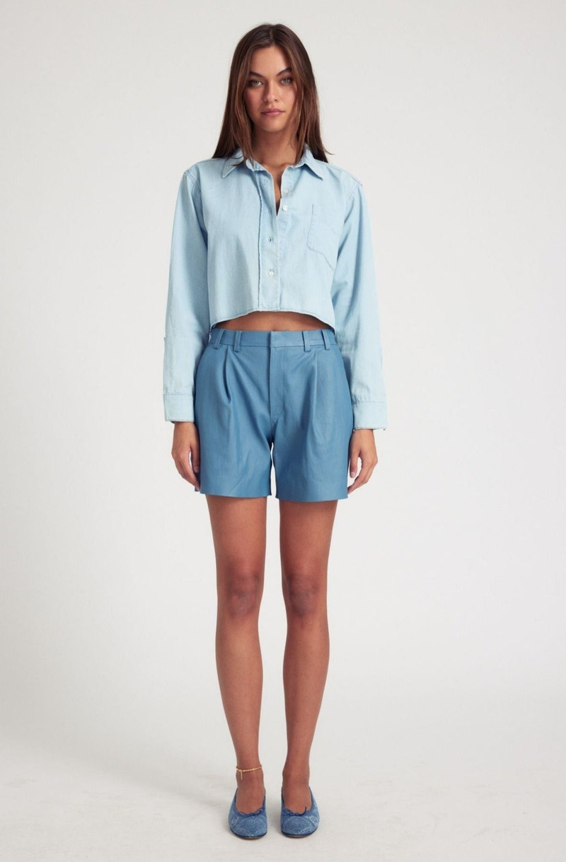 CHAMBRAY BLUE LEATHER TROUSER SHORTS 1