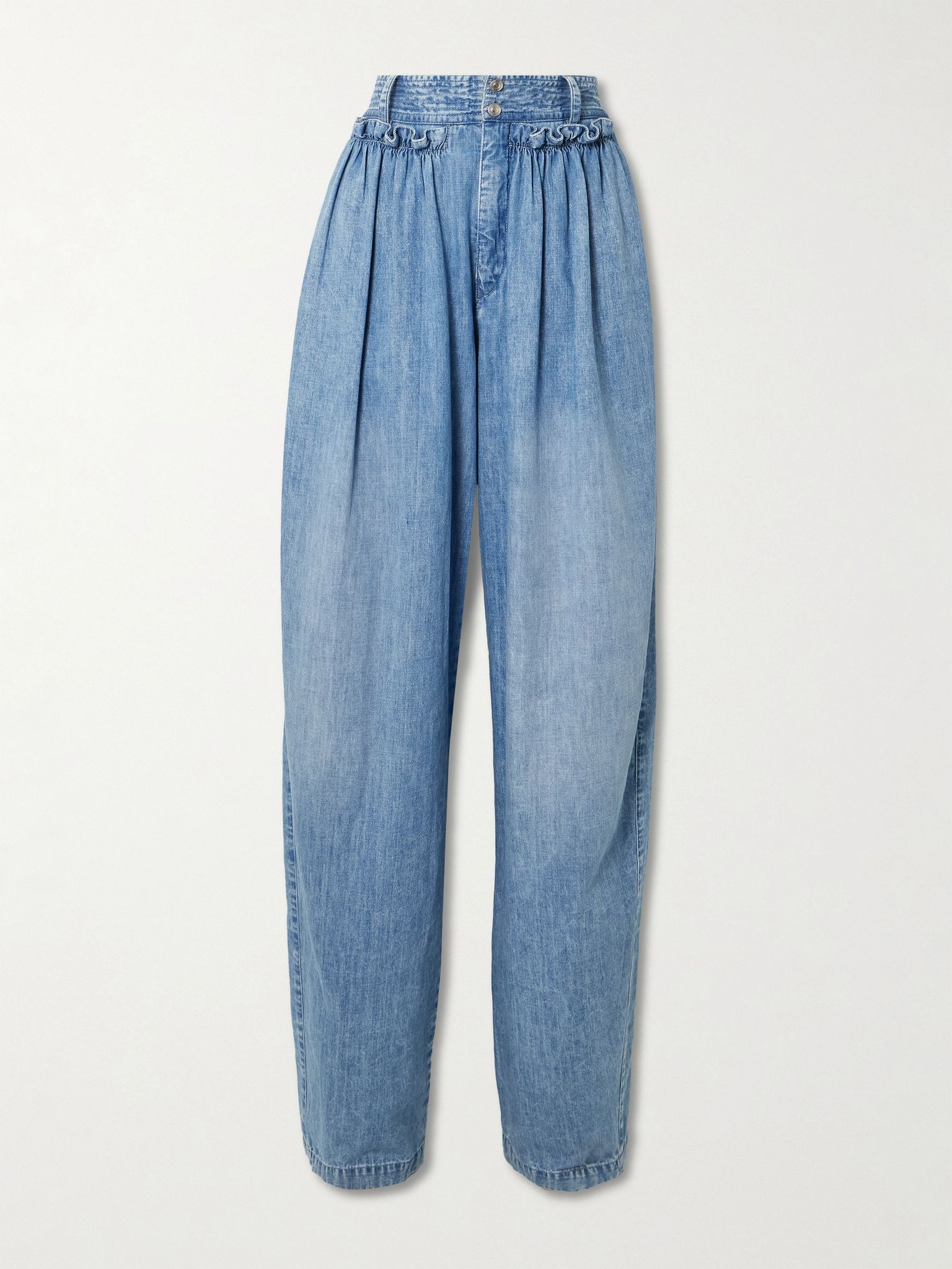 Inaya ruffled cotton-chambray barrel-leg pants Light blue - 1