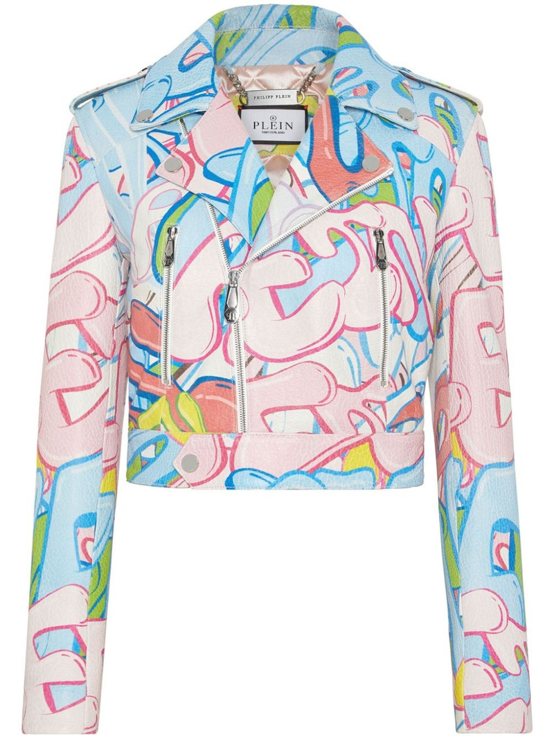 graffiti-logo cropped leather biker jacket 1
