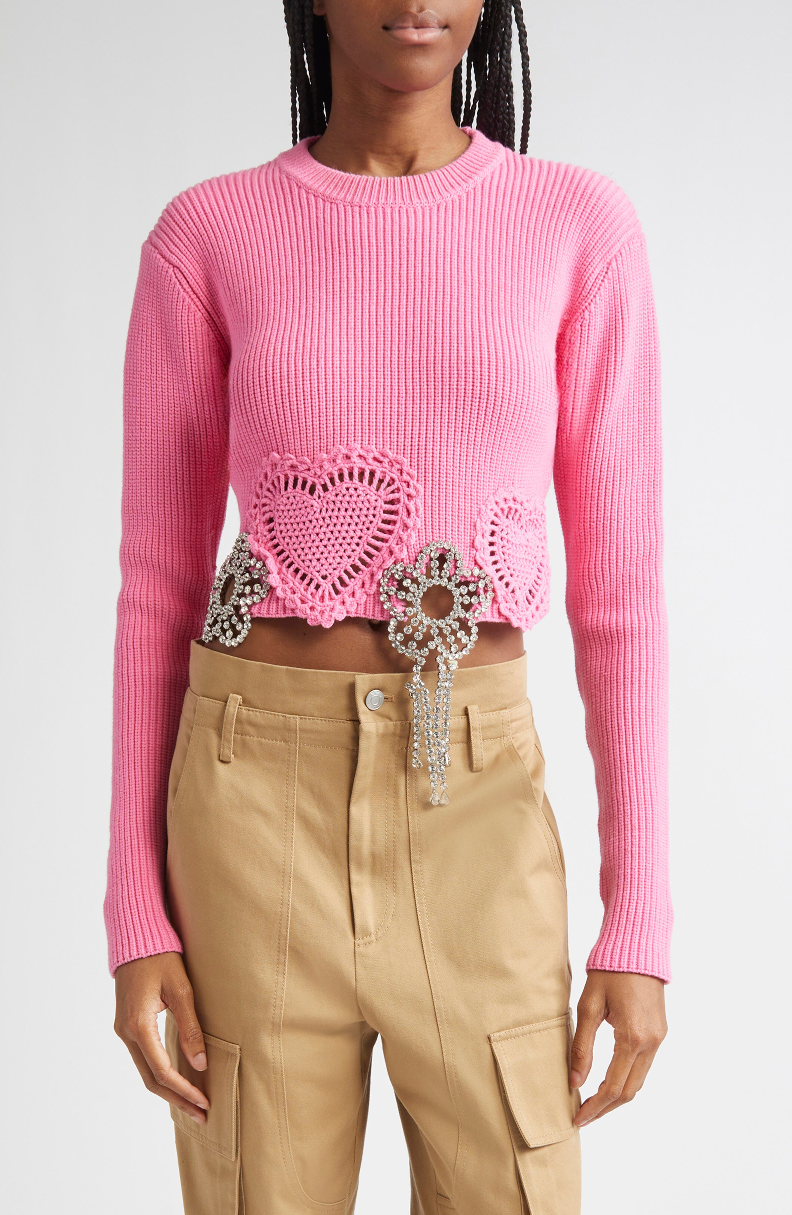 Area Crystal Flower & Crochet Heart Appliqué Crop Rib Sweater in Fuchsia at Nordstrom - 1