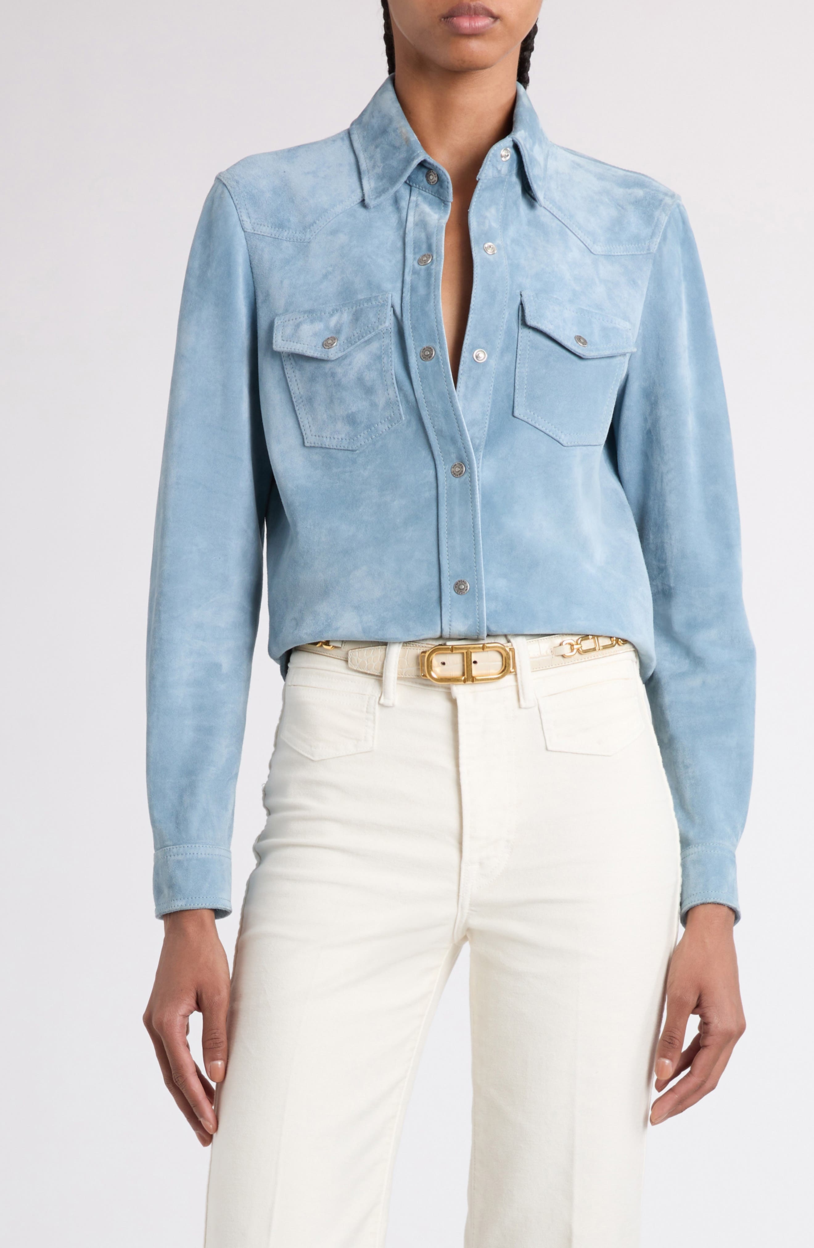 TOM FORD Suede Western Shirt in Hb297 Azure at Nordstrom - 1