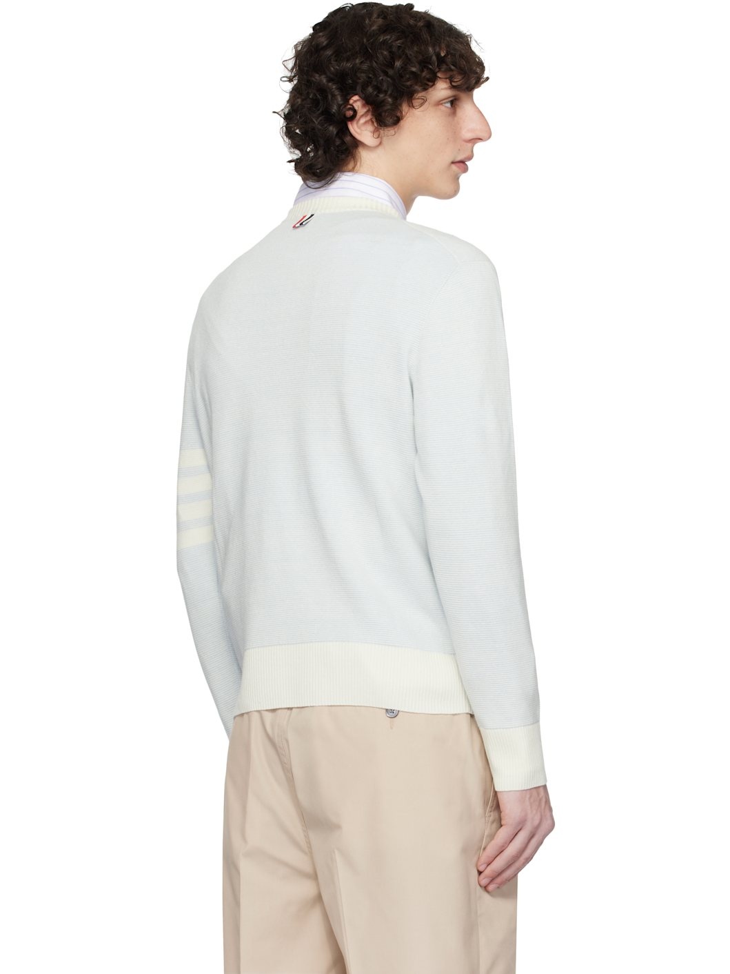 Blue Textured Striped Stitch 4-Bar Relaxed Sweater - 3