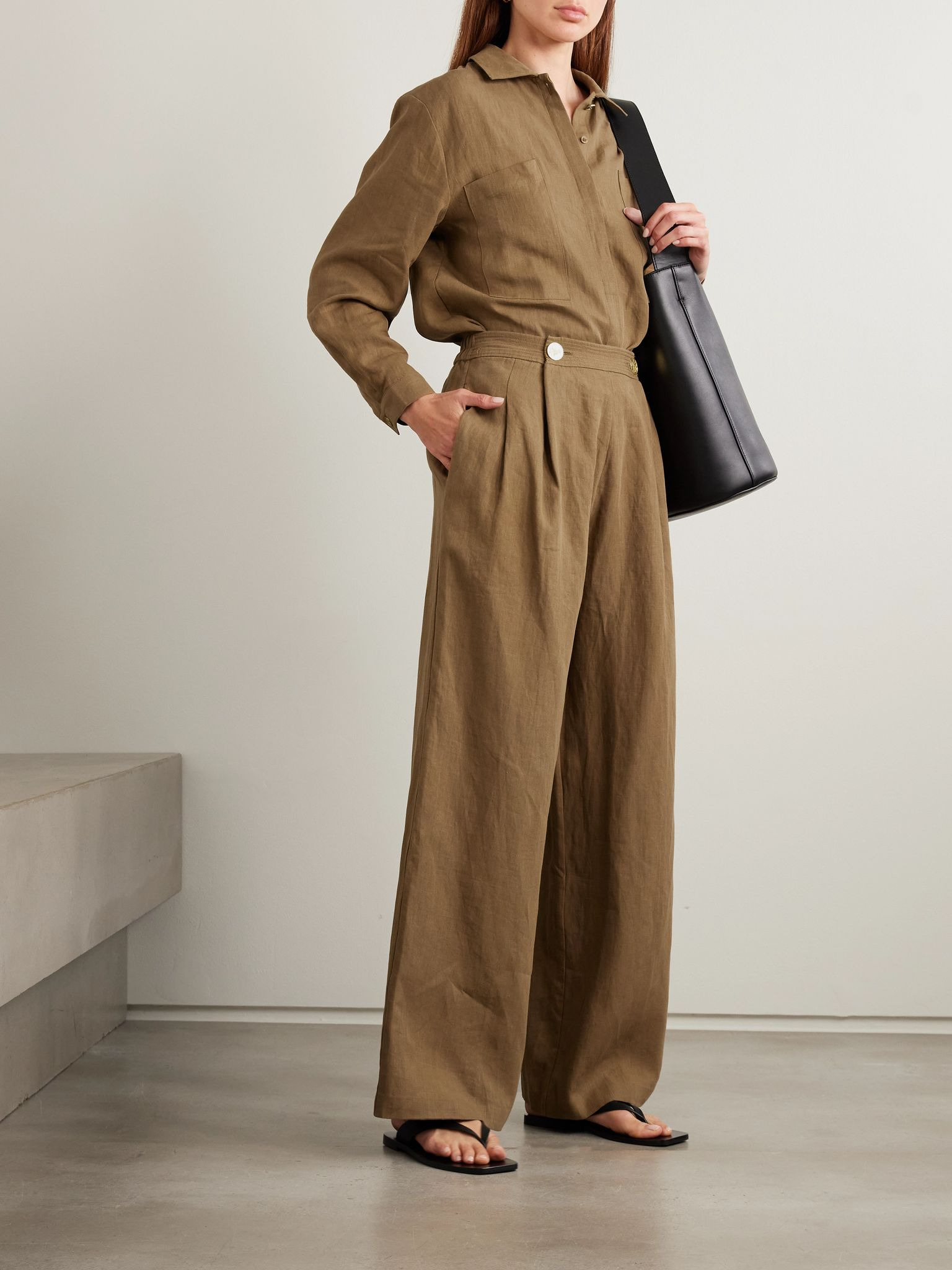 Minuf pleated linen wide-leg pants Brown - 2