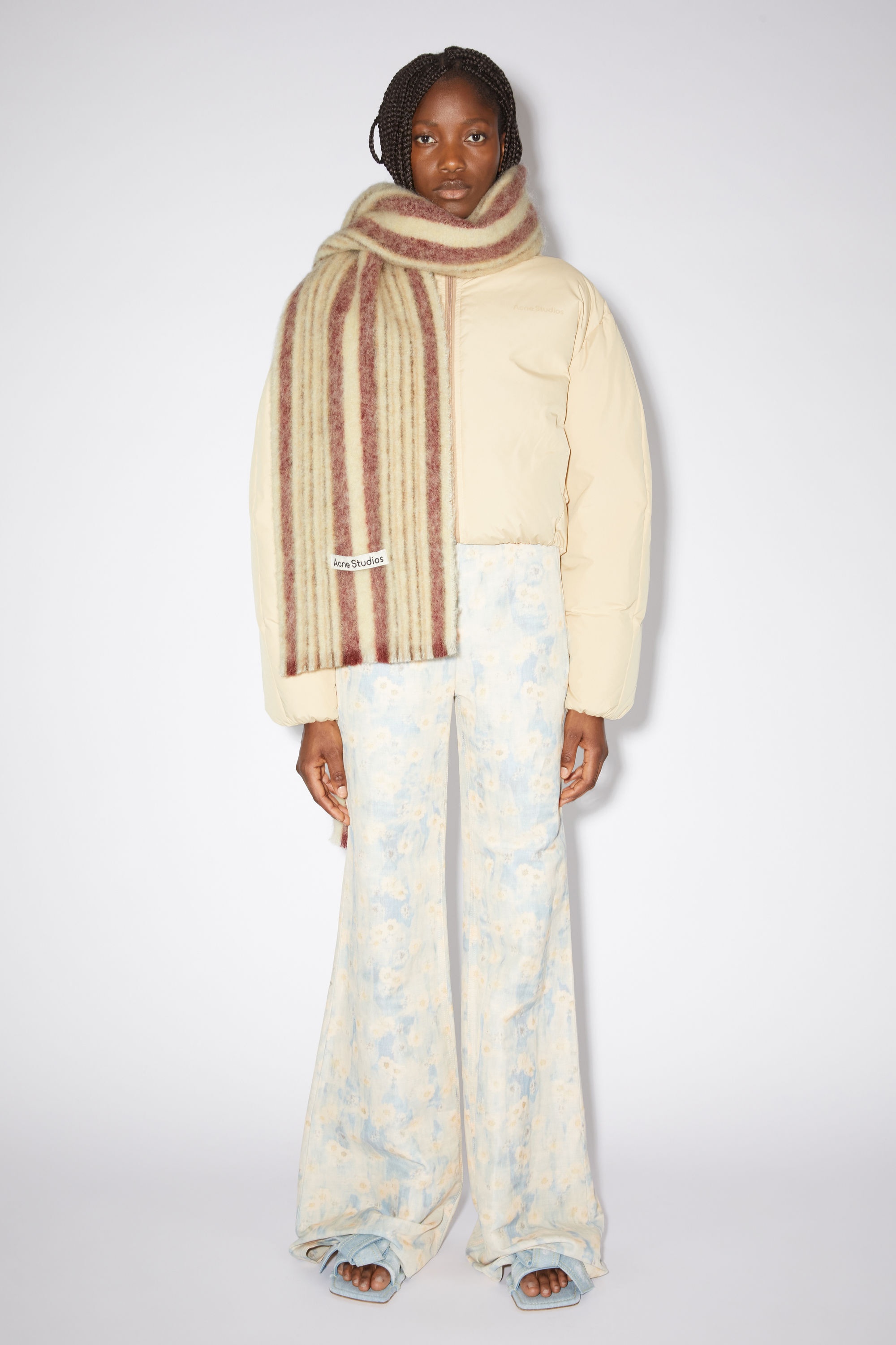 Stripe wool mohair scarf - Cream white/wine red - 2