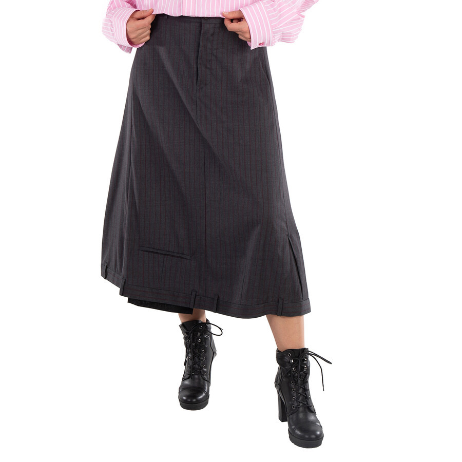 Balenciaga Ladies Grey / Red Pinstripe-Pattern Midi Wool Skirt - 3