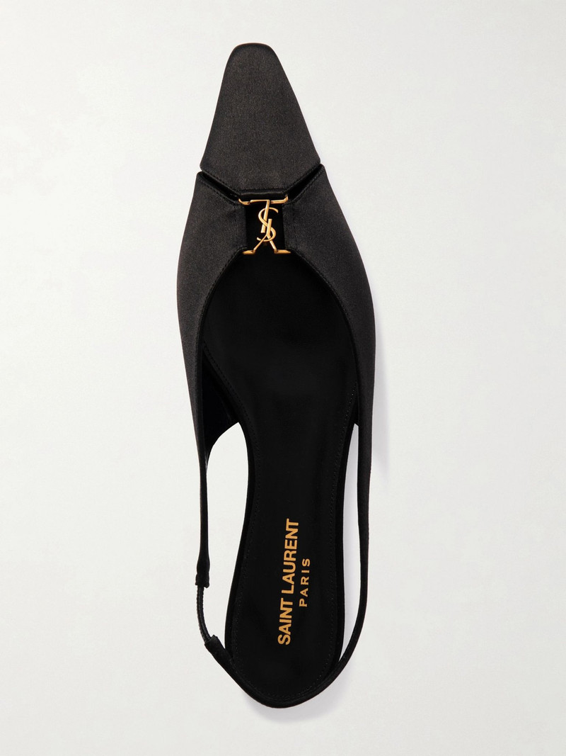 SAINT LAURENT Babylone embellished crepe point-toe slingback flats Black outlook