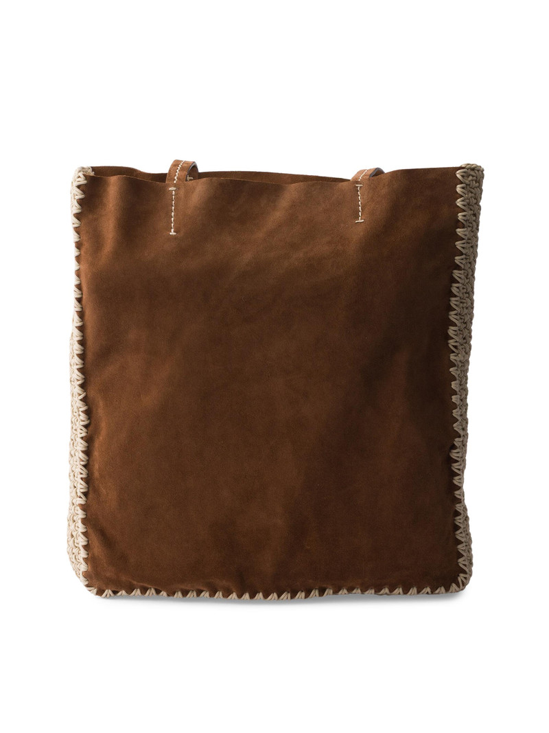 Women's Large Suede and Crochet Tote Bag - Dark Brown 3