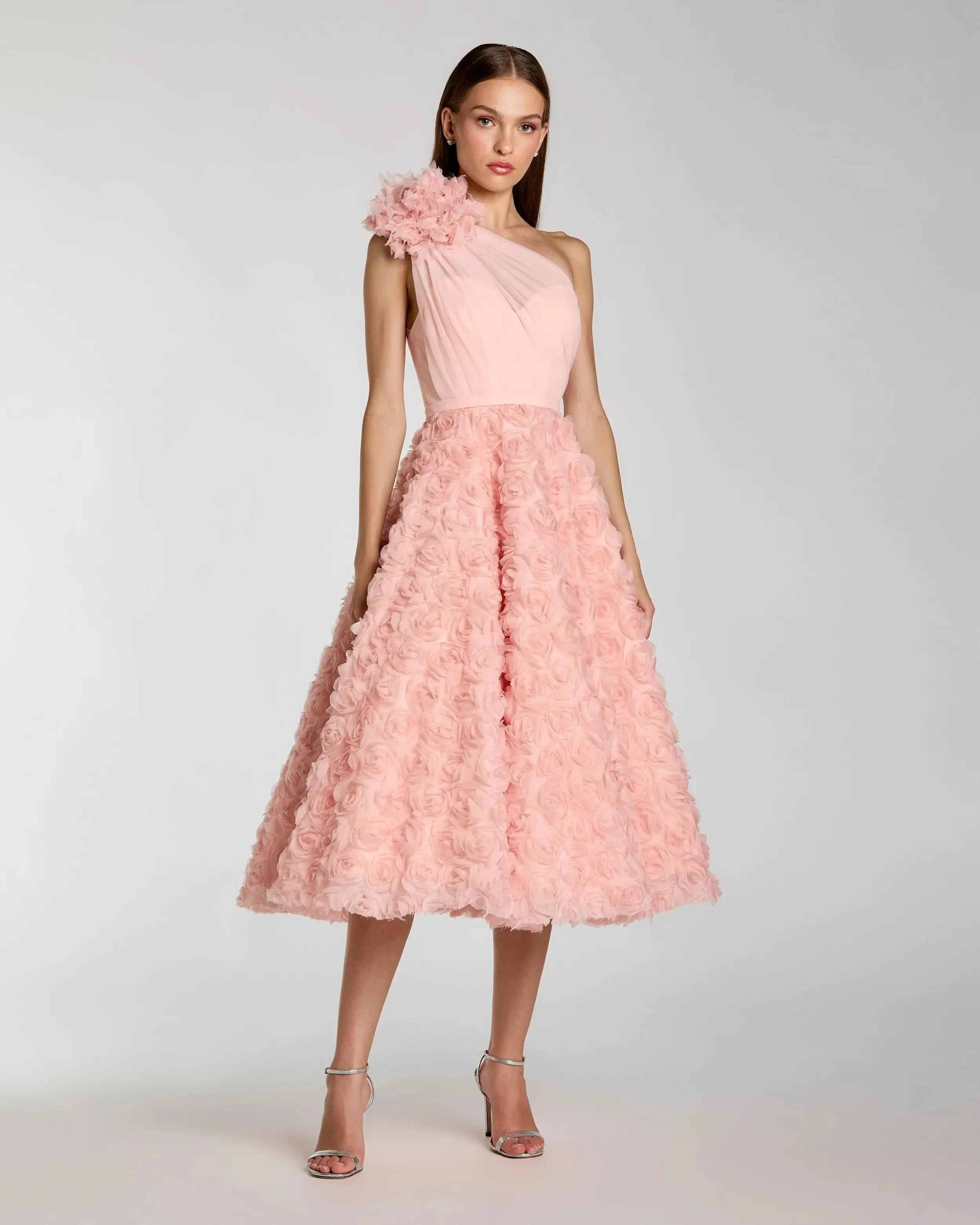 Blush One Shoulder 3D Floral Rosette Midi Dress - 1