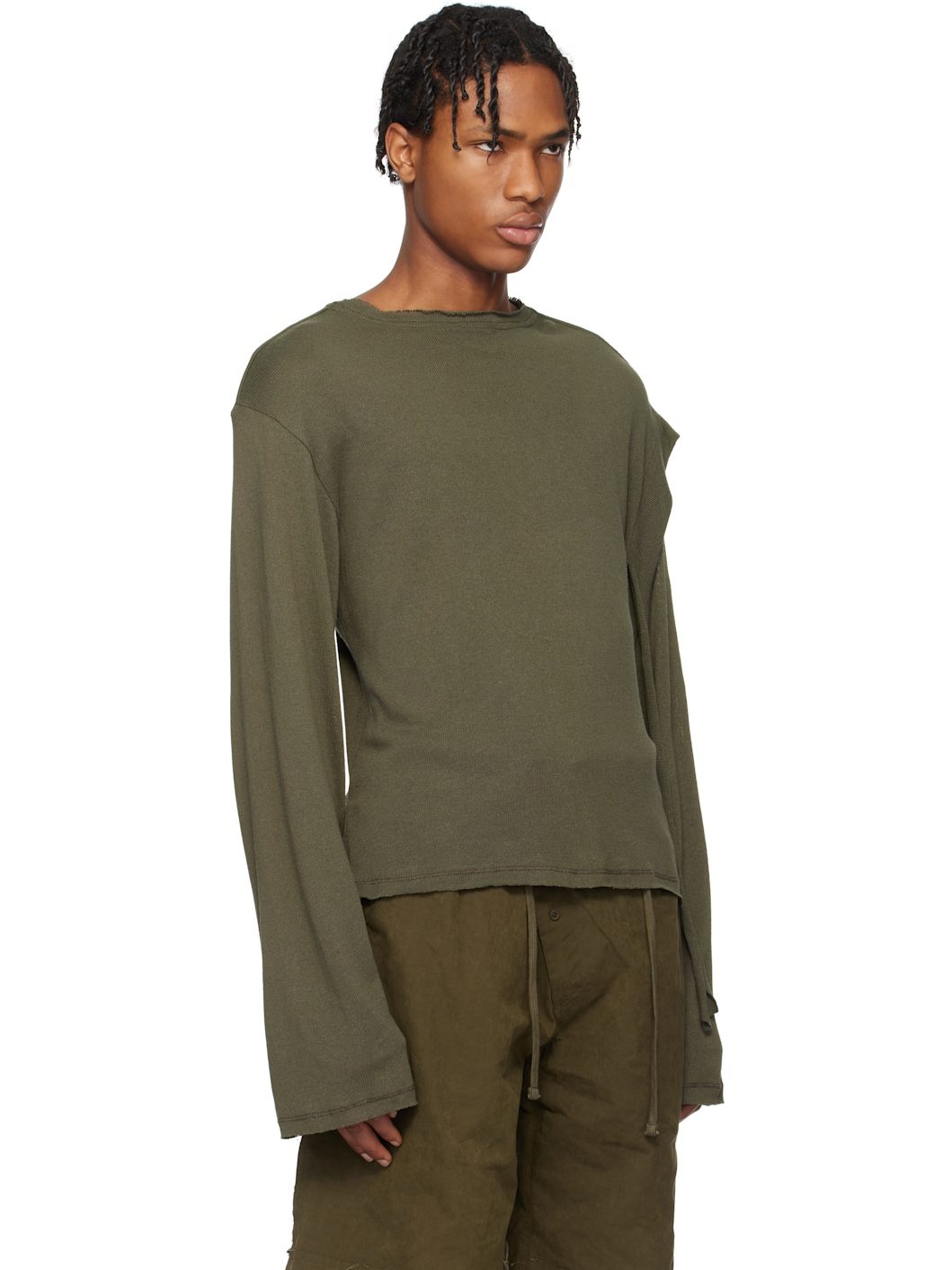 Green Deconstructed Linen Longsleeve T-shirt - 2