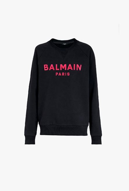 Black cotton sweatshirt with flocked fuchsia Balmain logo - 1