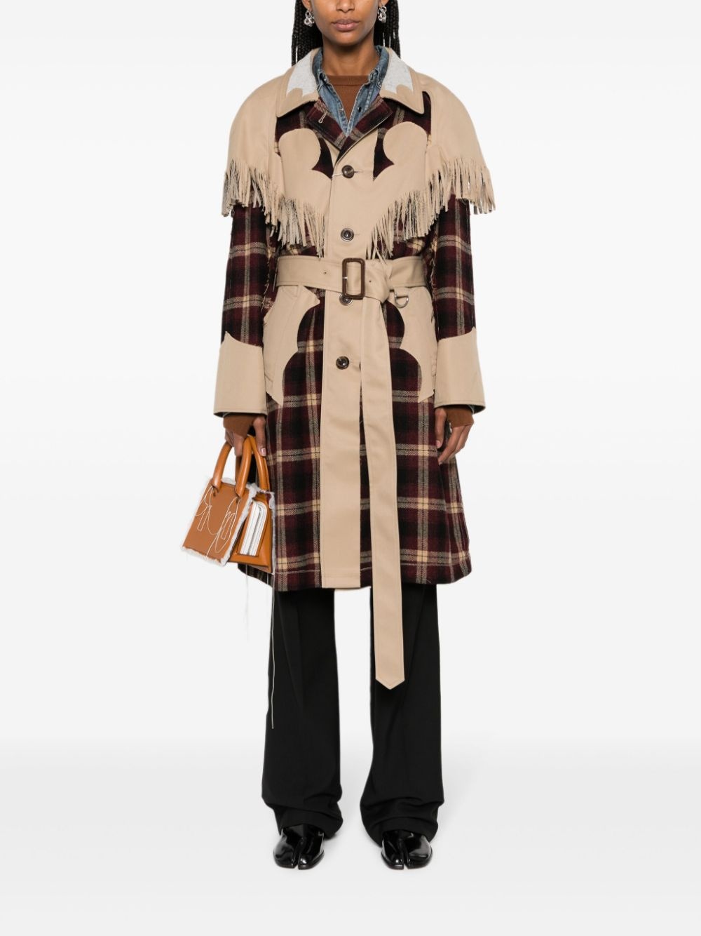 check-pattern fringed wool coat - 2