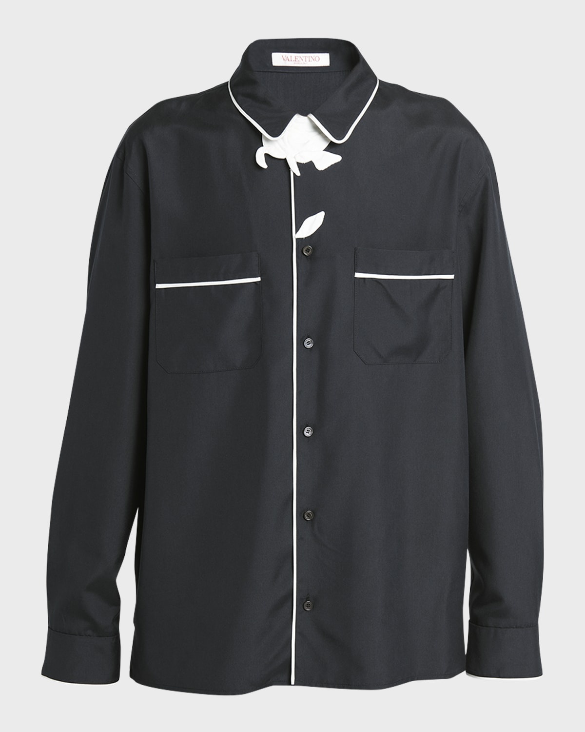 Valentino Men's Flower Embroidered Silk PJ Shirt