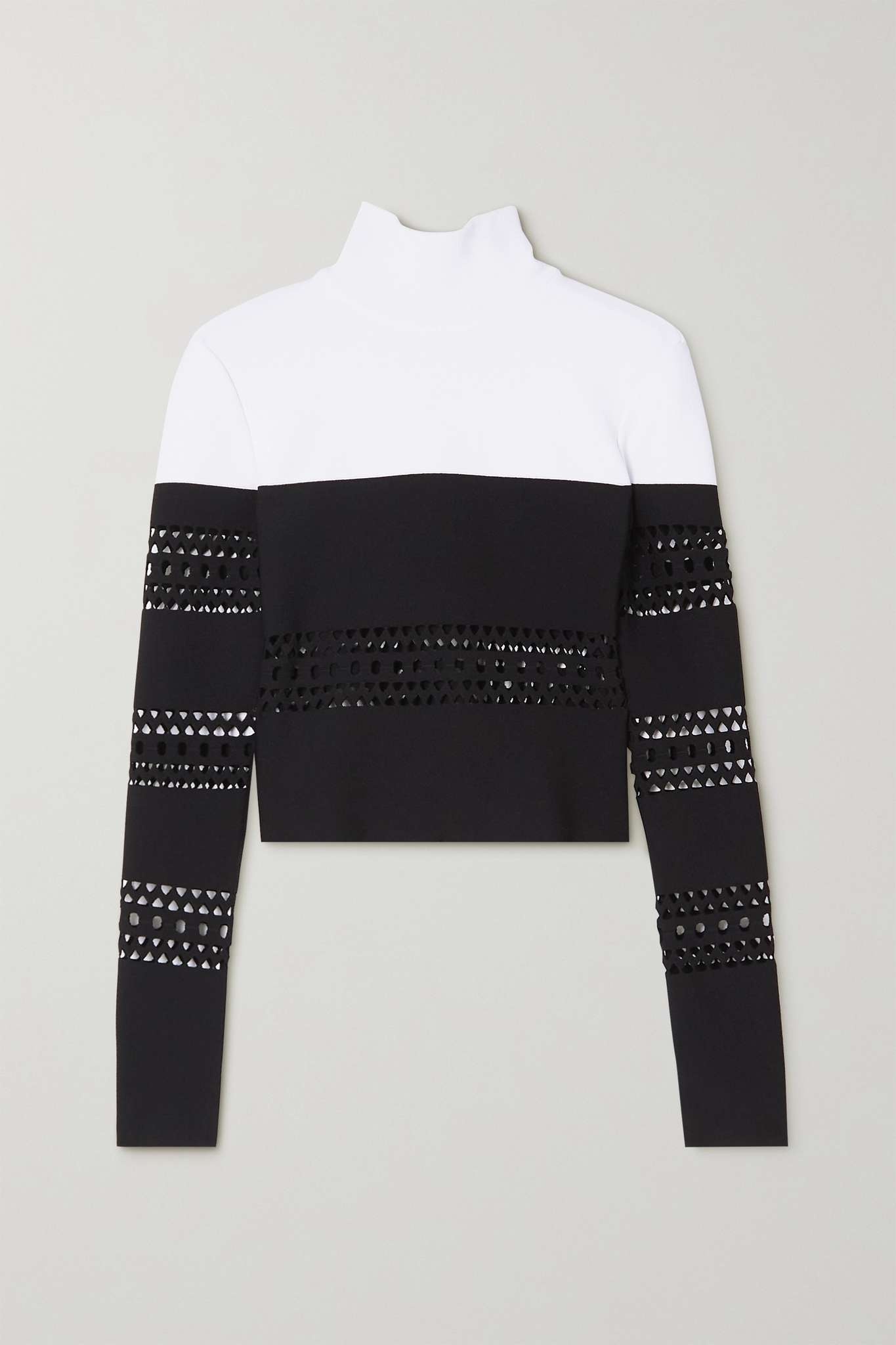 Two-tone laser-cut stretch-knit turtleneck top - 1