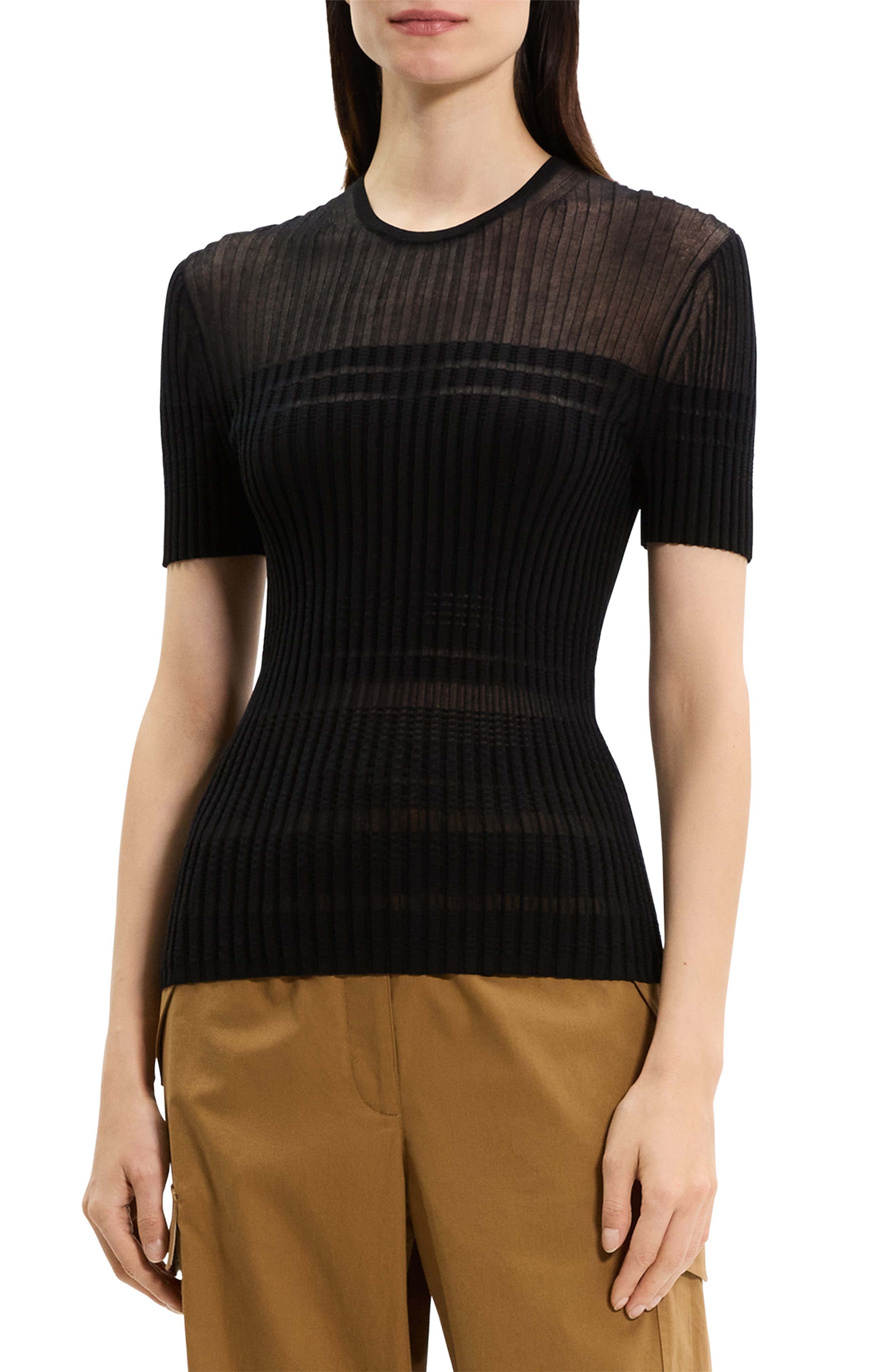 Theory Sheer Stripe T-Shirt in Black at Nordstrom - 1