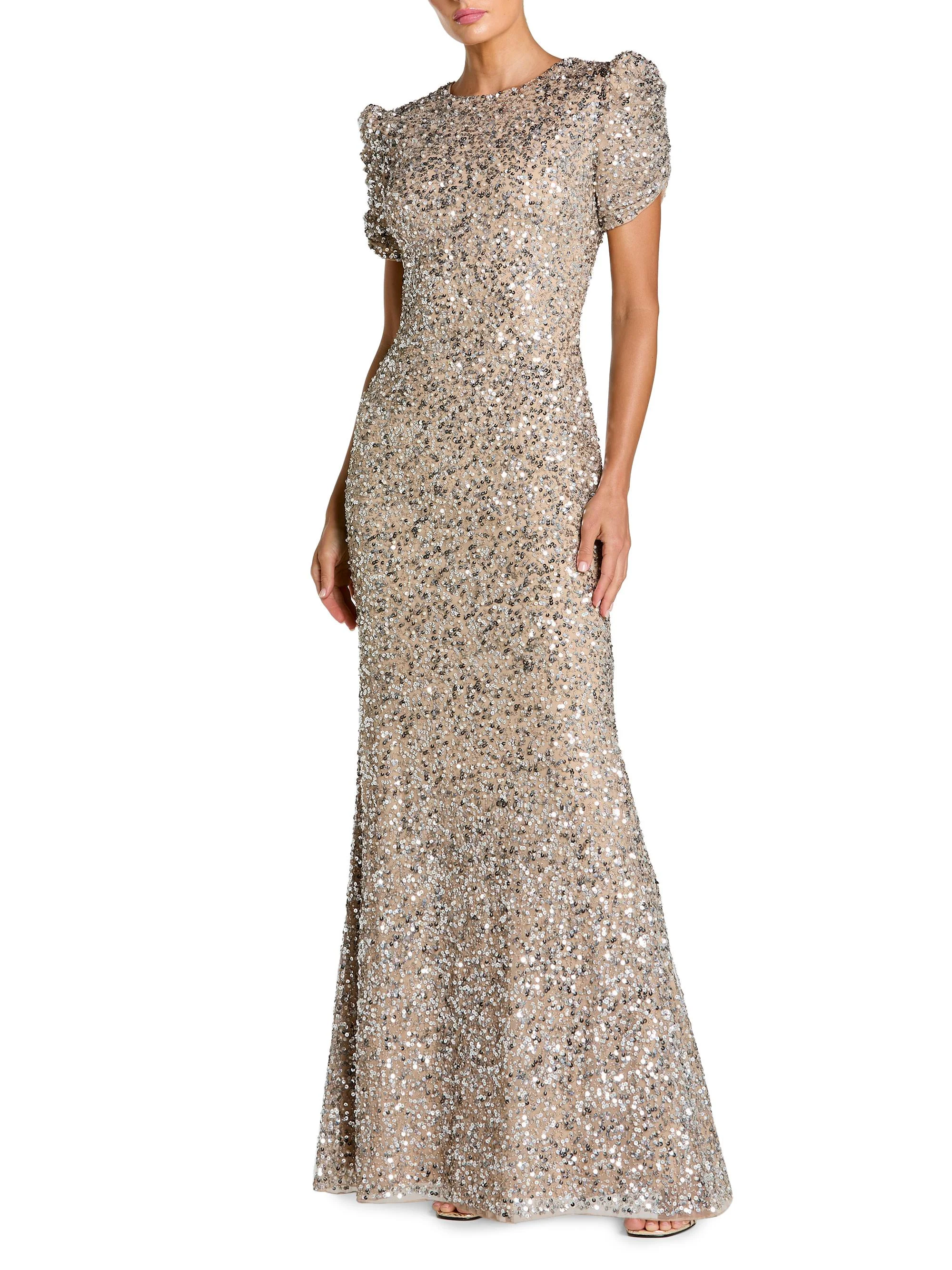 Women's Beaded Short-Sleeve Gown - Beige Silver - 1