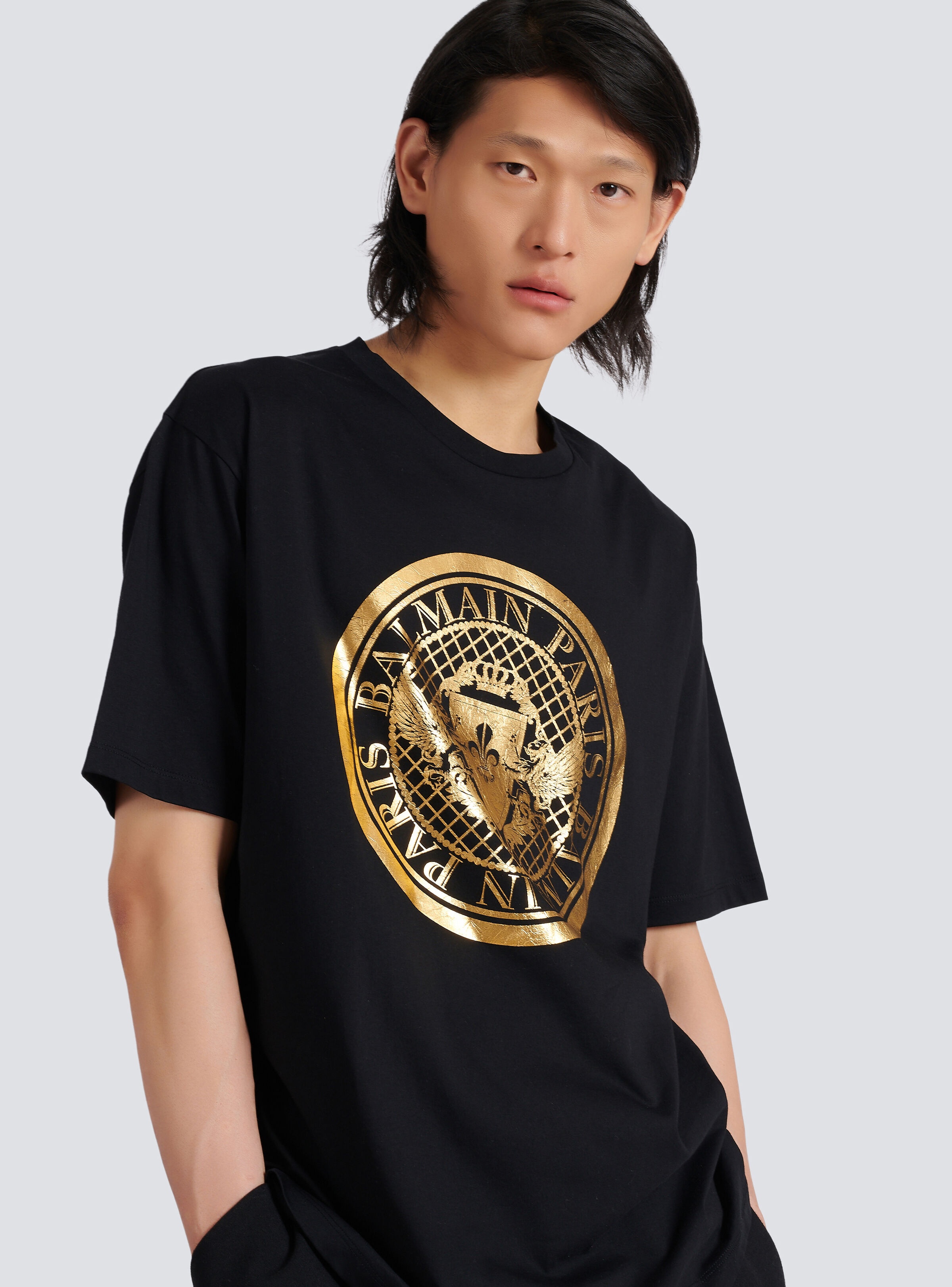 Balmain Cotton T-shirt with metallic coin logo print | REVERSIBLE