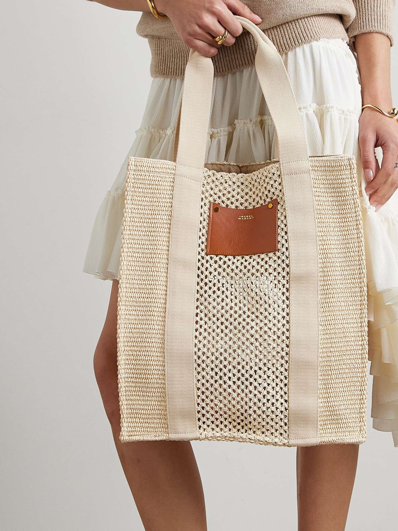 Puebla leather and twill-trimmed striped straw tote - 2