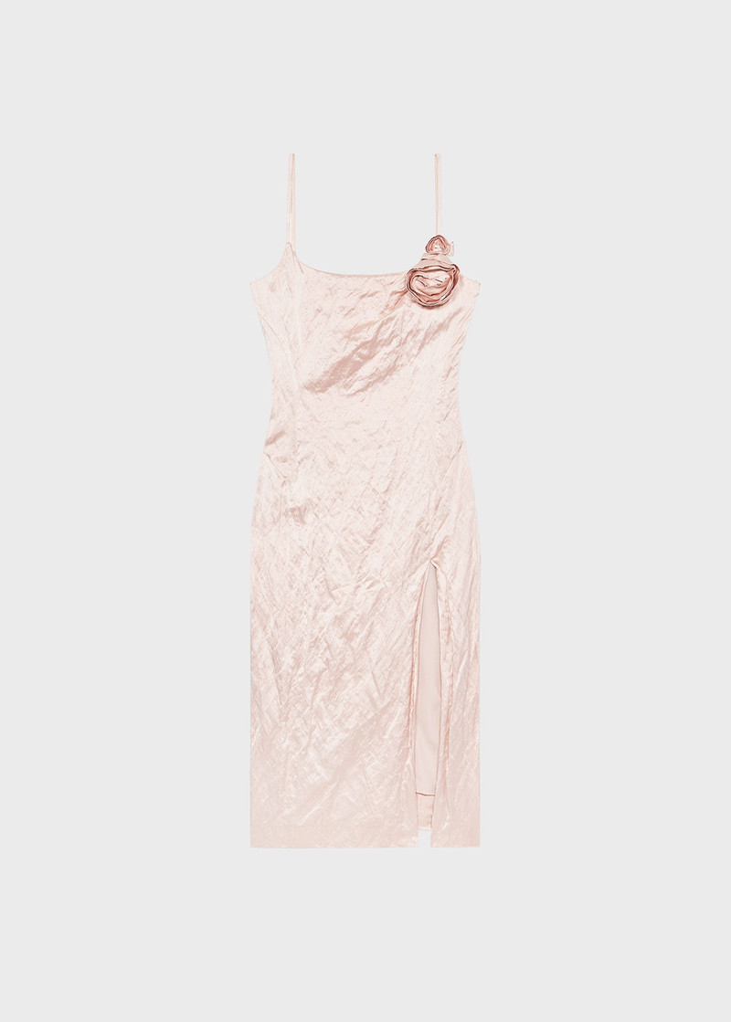 CRINKLED SATIN DRESS WITH 3D ROSES - 1