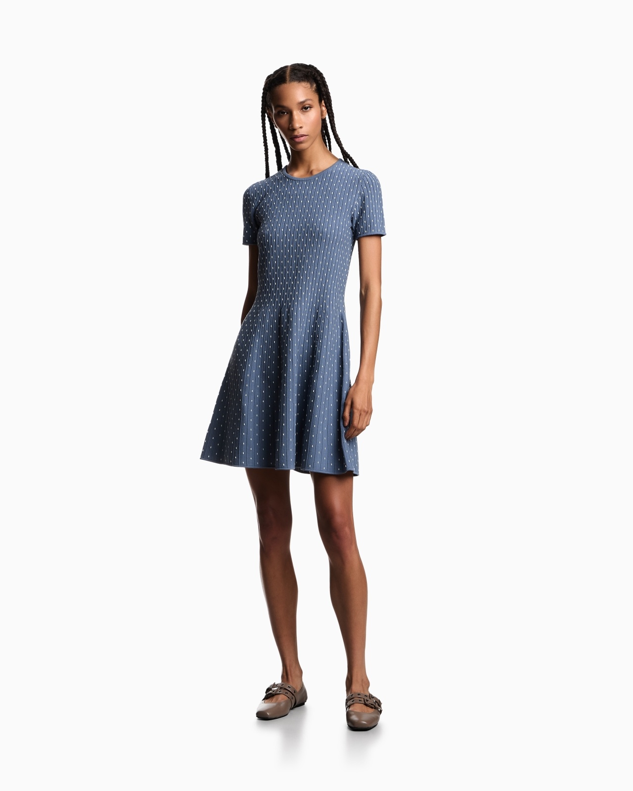 POLKA-DOT JACQUARD VISCOSE PLAIN-KNIT SHORT DRESS - 2