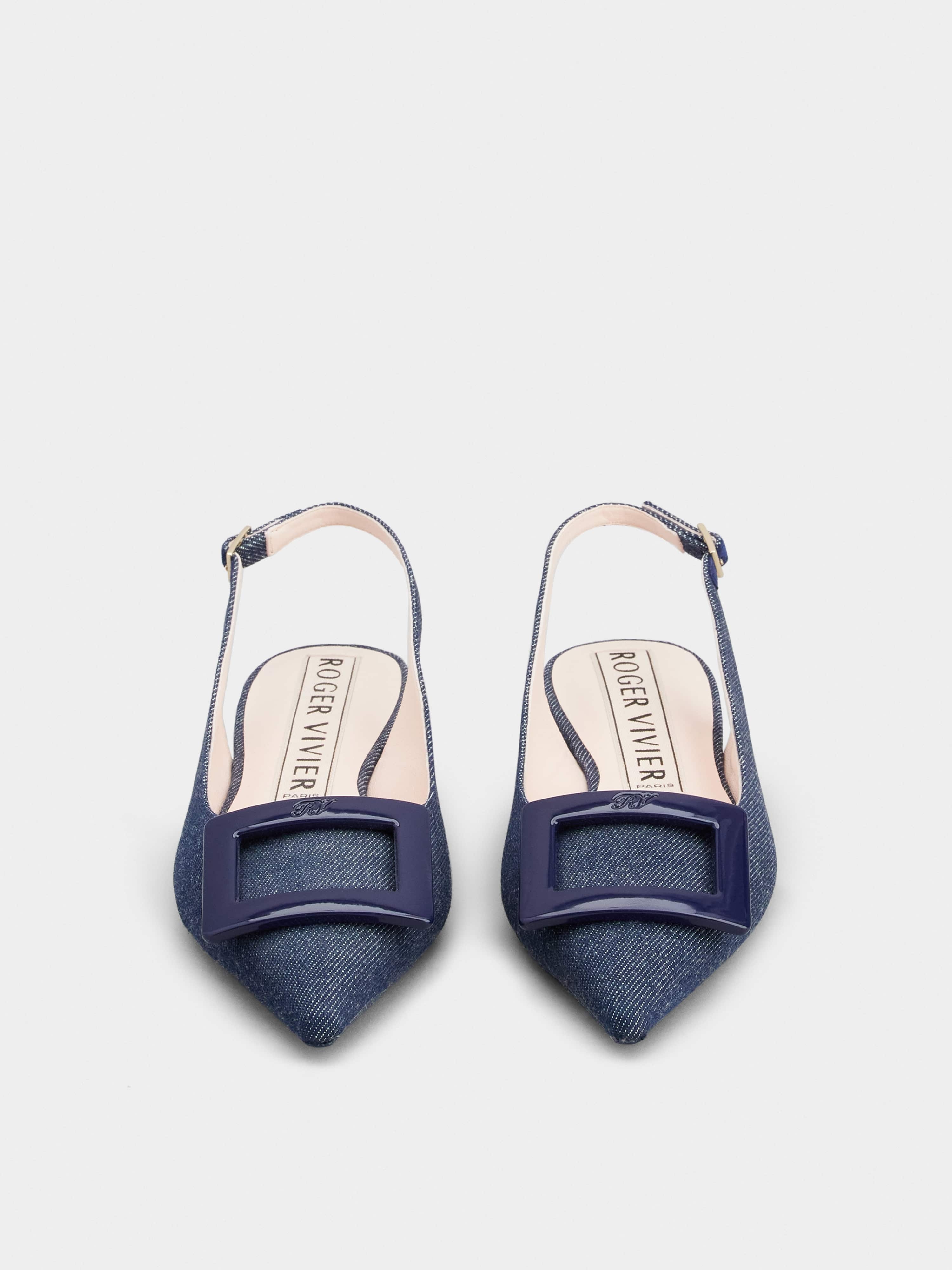 Gommettine Lacquered Buckle Slingback Ballerinas in Denim - 7
