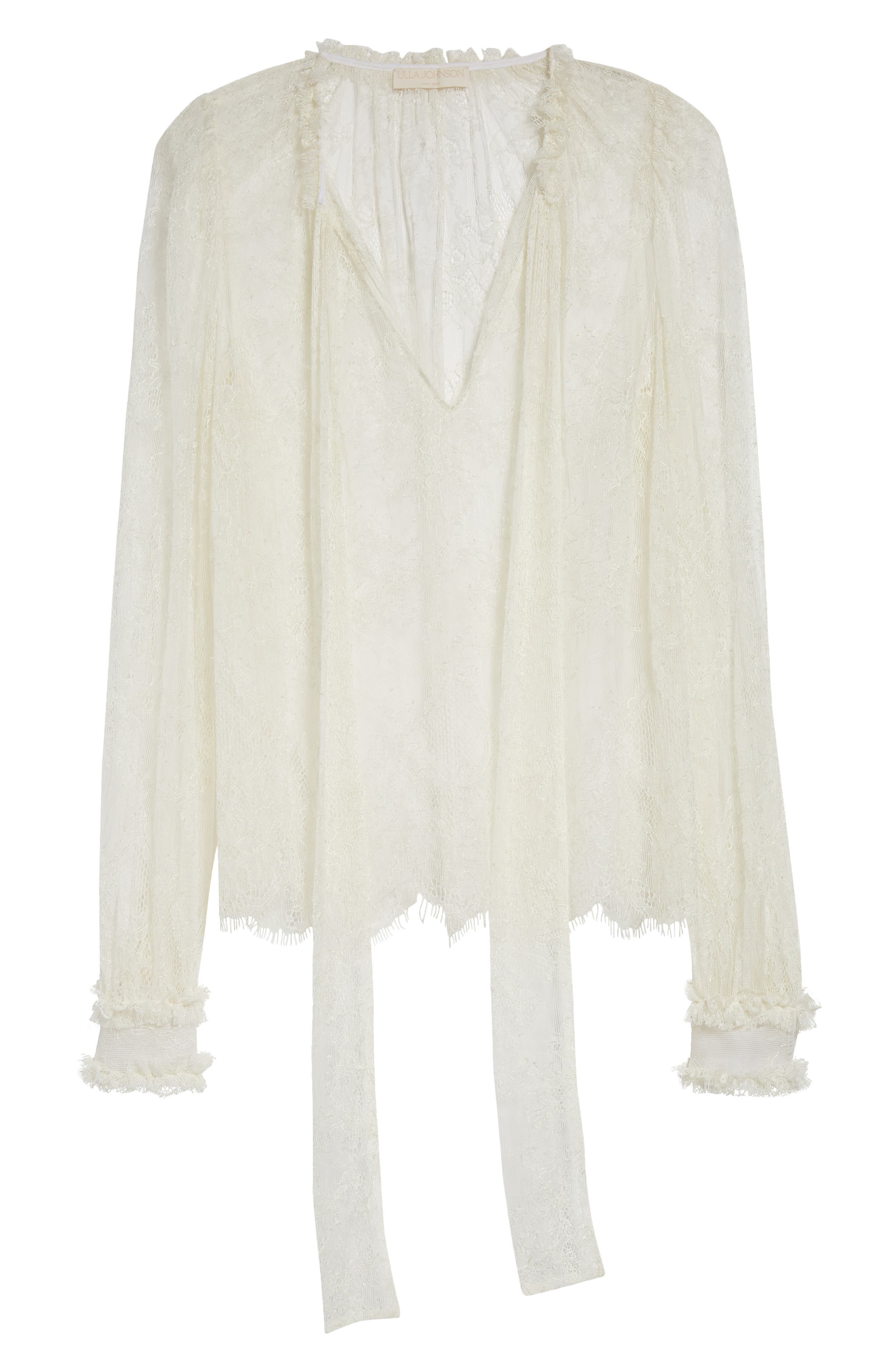 Ulla Johnson Iliana Pussybow Tie Sheer Cotton Lace Top in Pearl at Nordstrom - 6