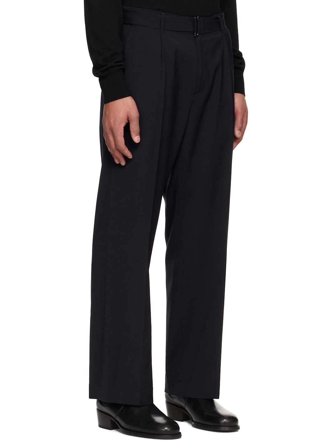 Navy Wool Belted Trousers - 2