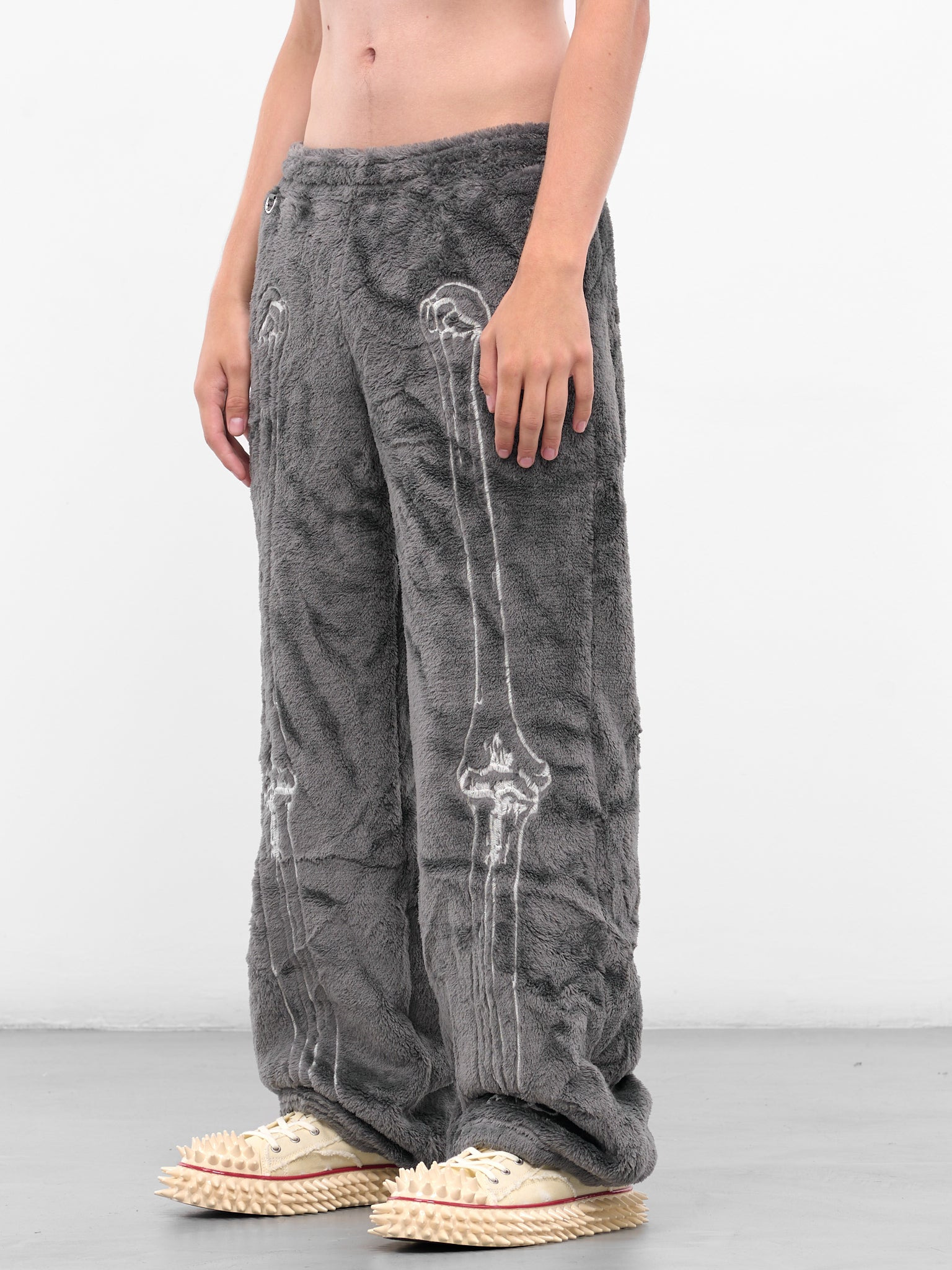 Gray Skeletal Embroidery Fleece Pants - 2