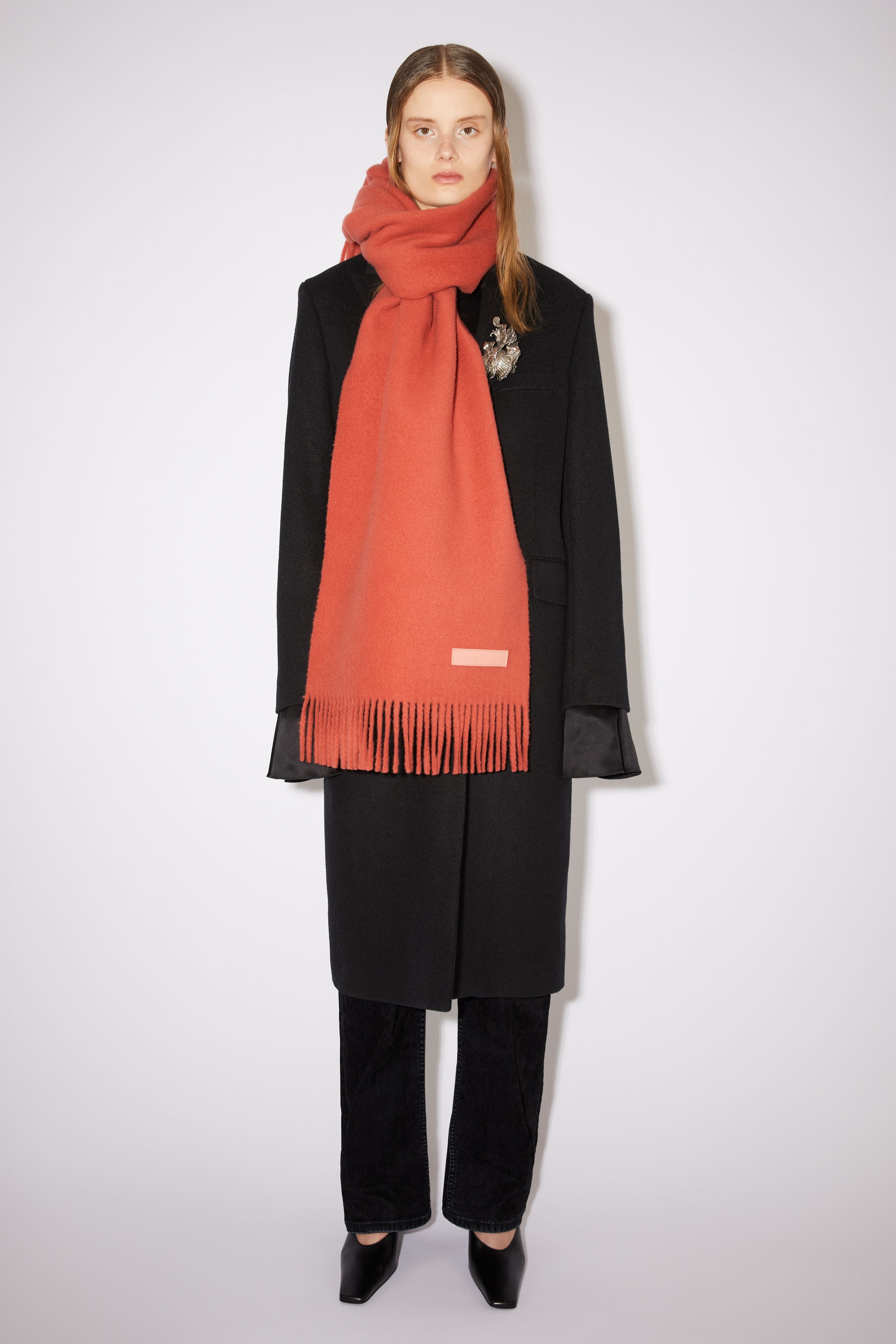 Wool fringe scarf - Coral red - 2