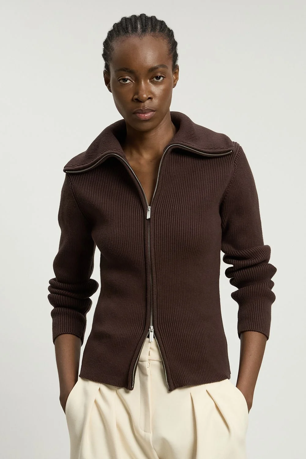 Cotton Zip Through Collar Knit Cardigan - 1