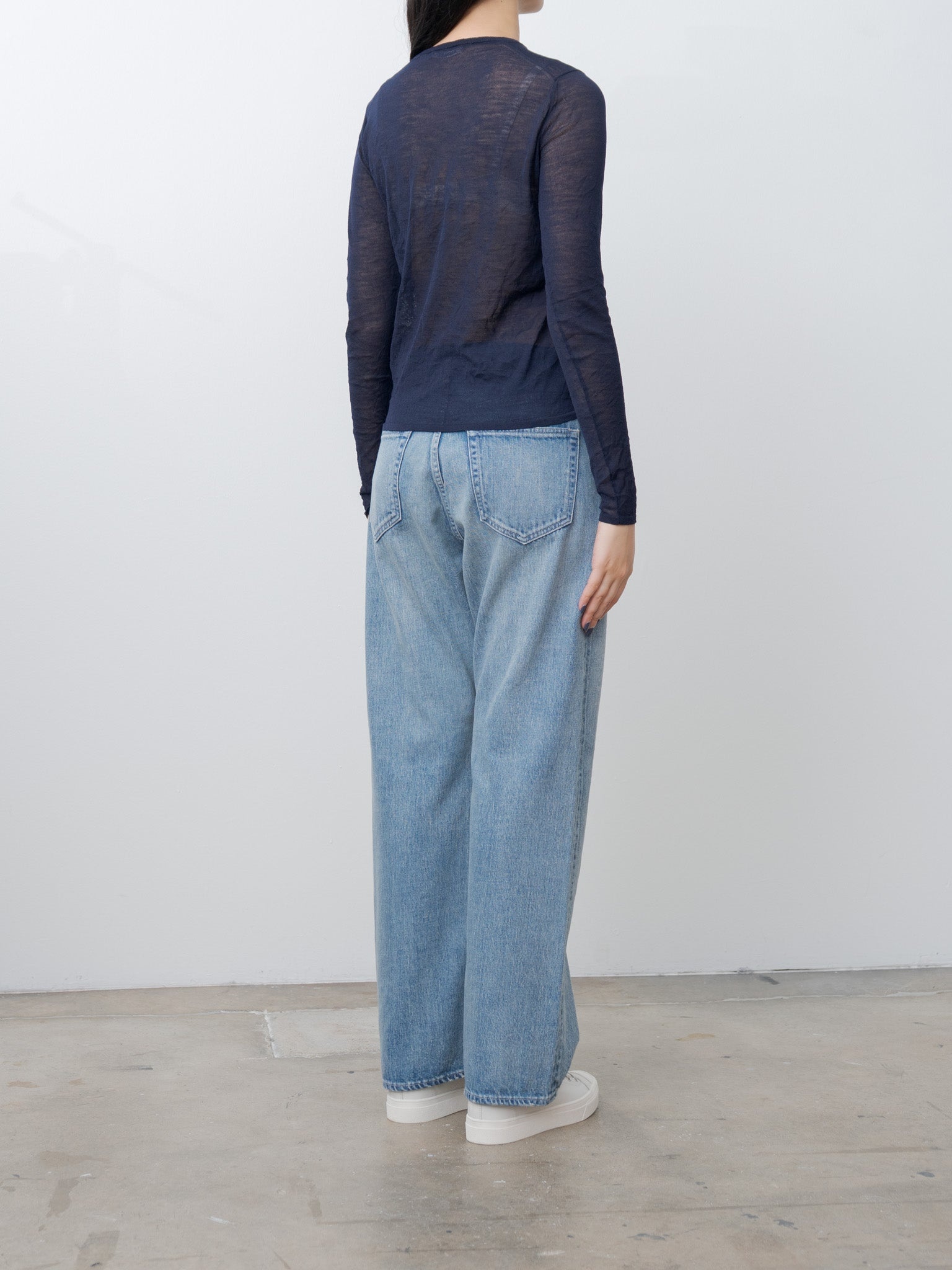 Wrinkled Wool Polyester High Gauge Knit Crew Neck Cardigan - Navy - 3