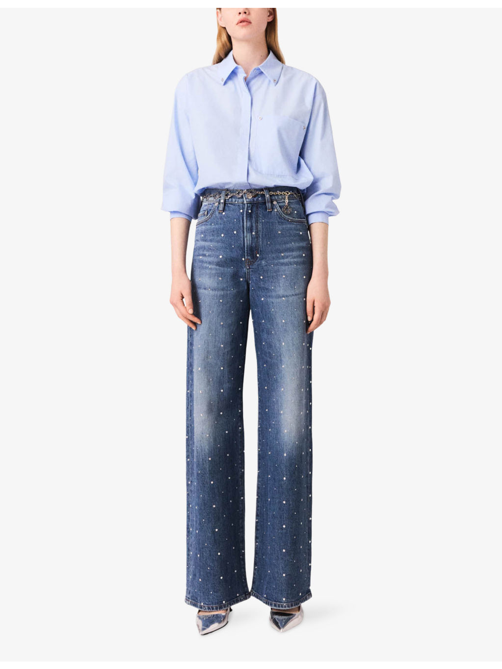 Stud-Embellished Wide-Leg High-Rise Stretch-Denim Jeans - 2
