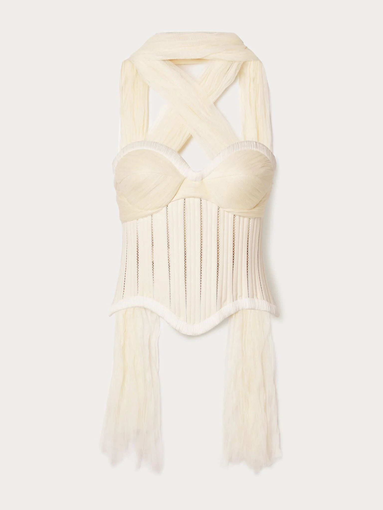 Anika strapless cotton-blend twill, tulle and plissé-satin bustier top White - 1