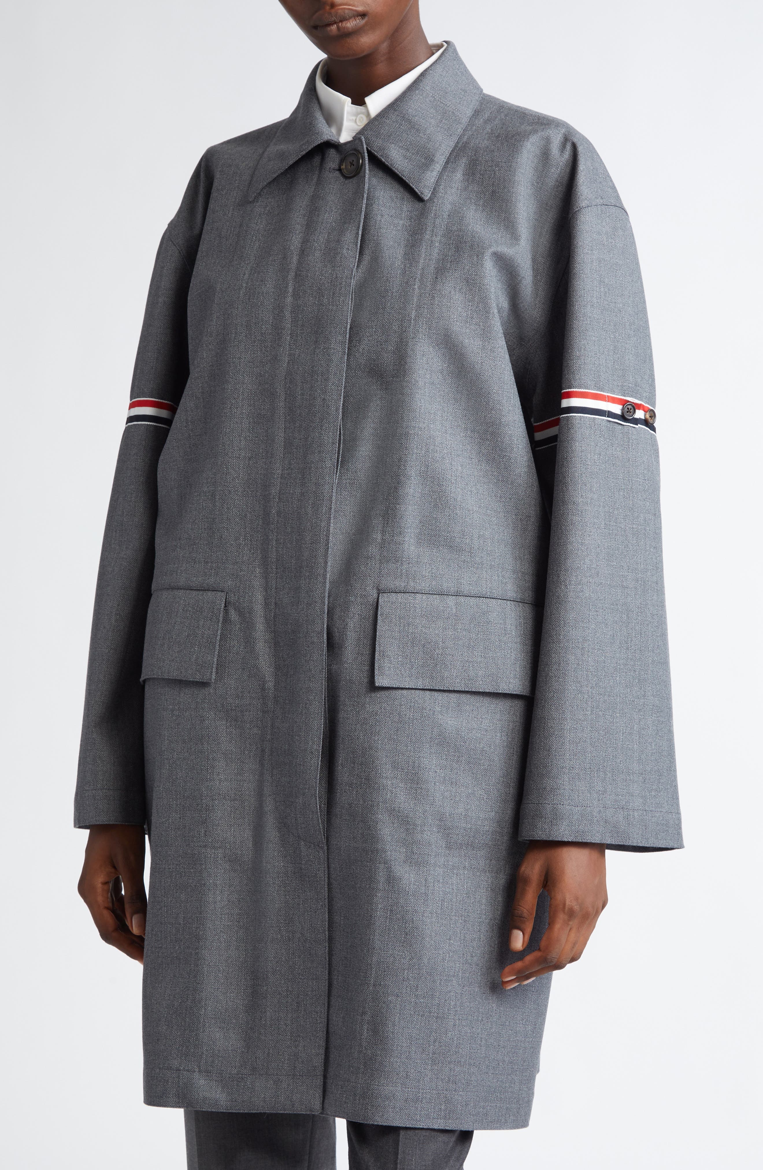 Thom Browne Tricolor Armband Water Resistant Wool Blend Twill Coat in Medium Grey at Nordstrom - 4