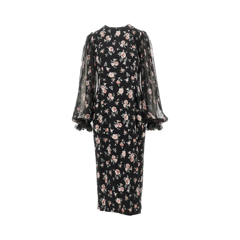 VINTAGE ROSES PRINT CHARMEUSE MIDI DRESS - 1