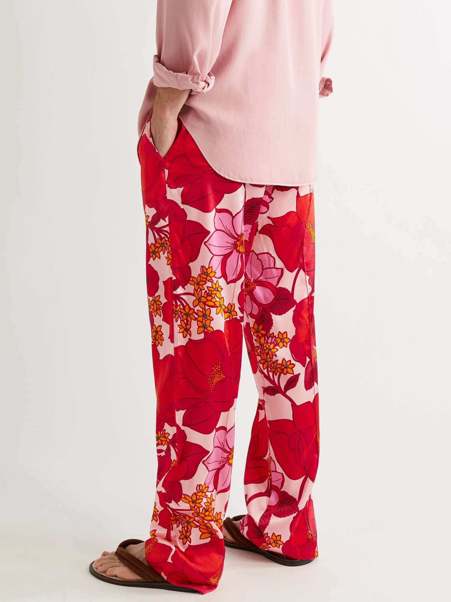 Velvet-Trimmed Printed Stretch-Silk Satin Pyjama Trousers - 3