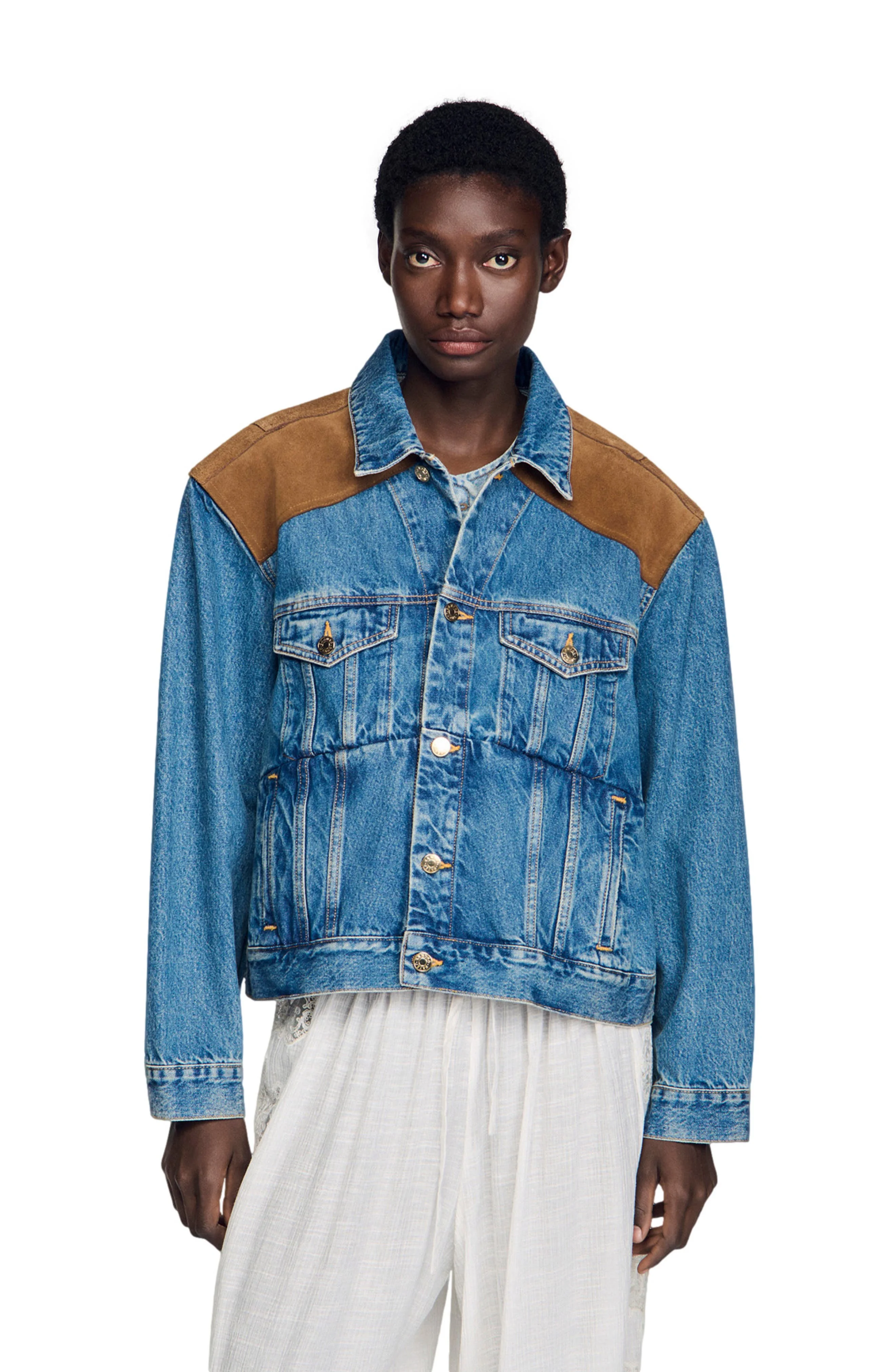 SANDRO Denim and suede jacket in Light Bu Jean at Nordstrom - 1