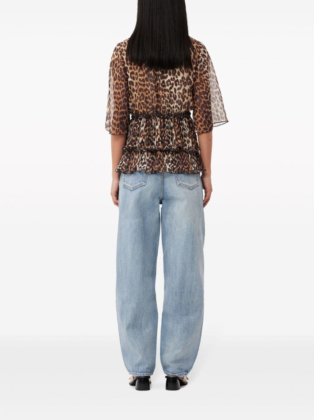 leopard-print V-neck pleated blouse - 4