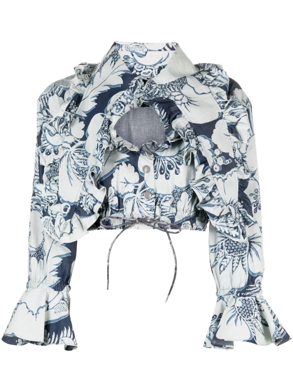 floral-print ruffled cropped blouse - 1